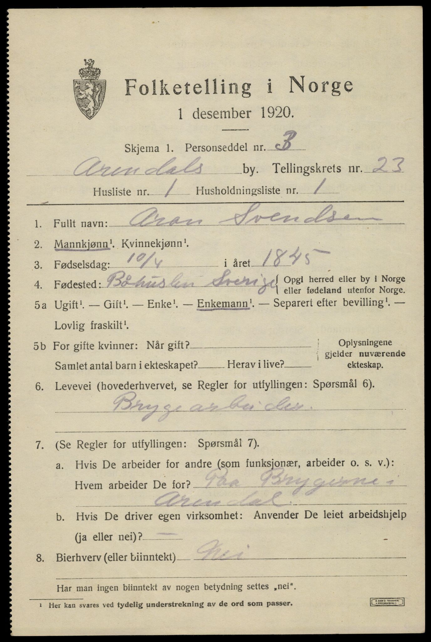 SAK, 1920 census for Arendal, 1920, p. 28974