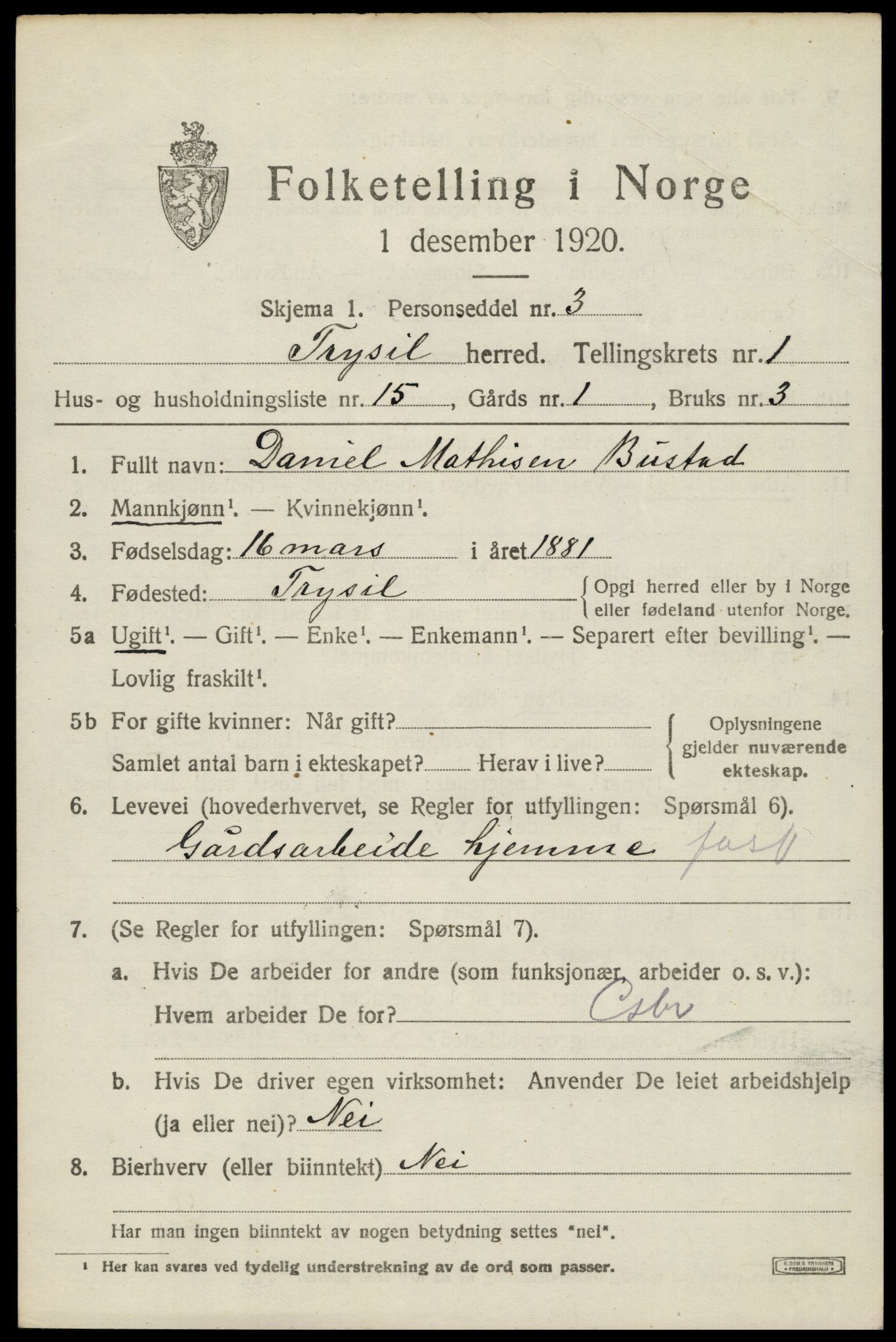 SAH, 1920 census for Trysil, 1920, p. 2729