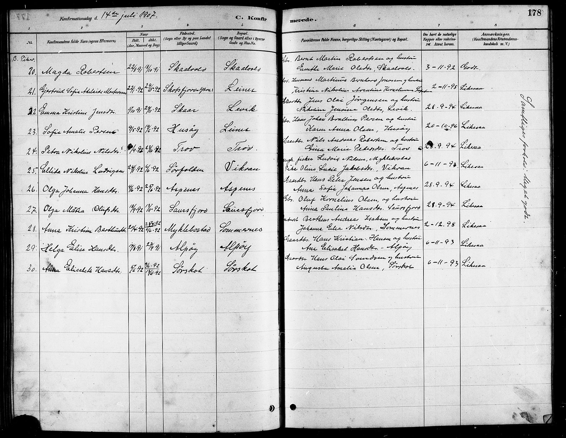 Ministerialprotokoller, klokkerbøker og fødselsregistre - Nordland, AV/SAT-A-1459/857/L0828: Parish register (copy) no. 857C03, 1879-1908, p. 178