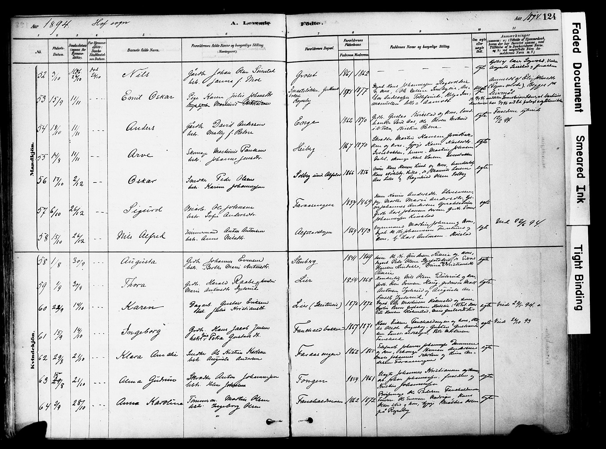 Østre Toten prestekontor, AV/SAH-PREST-104/H/Ha/Haa/L0006: Parish register (official) no. 6 /1, 1878-1896, p. 124