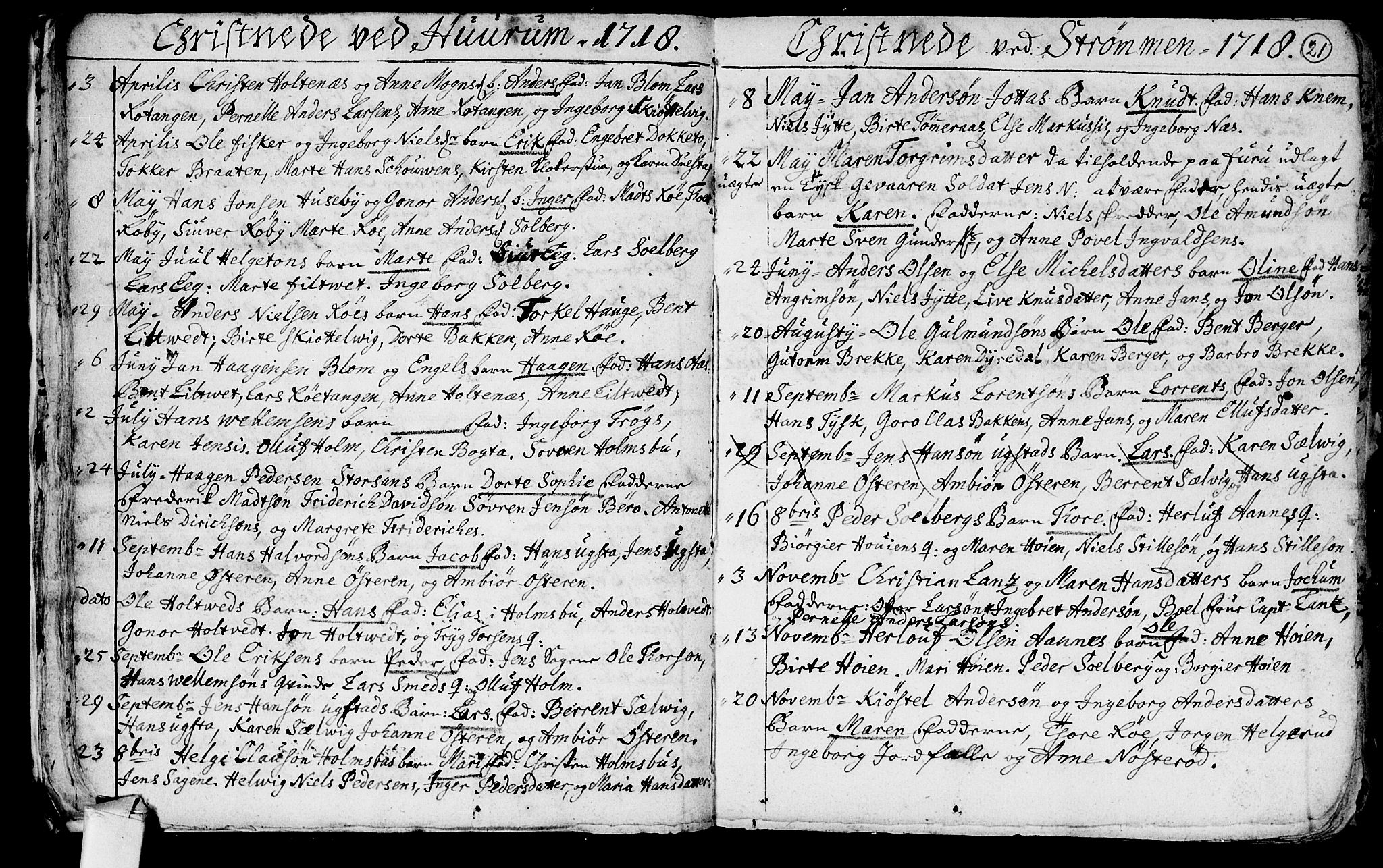 Hurum kirkebøker, AV/SAKO-A-229/F/Fa/L0001: Parish register (official) no. 1, 1715-1732, p. 21