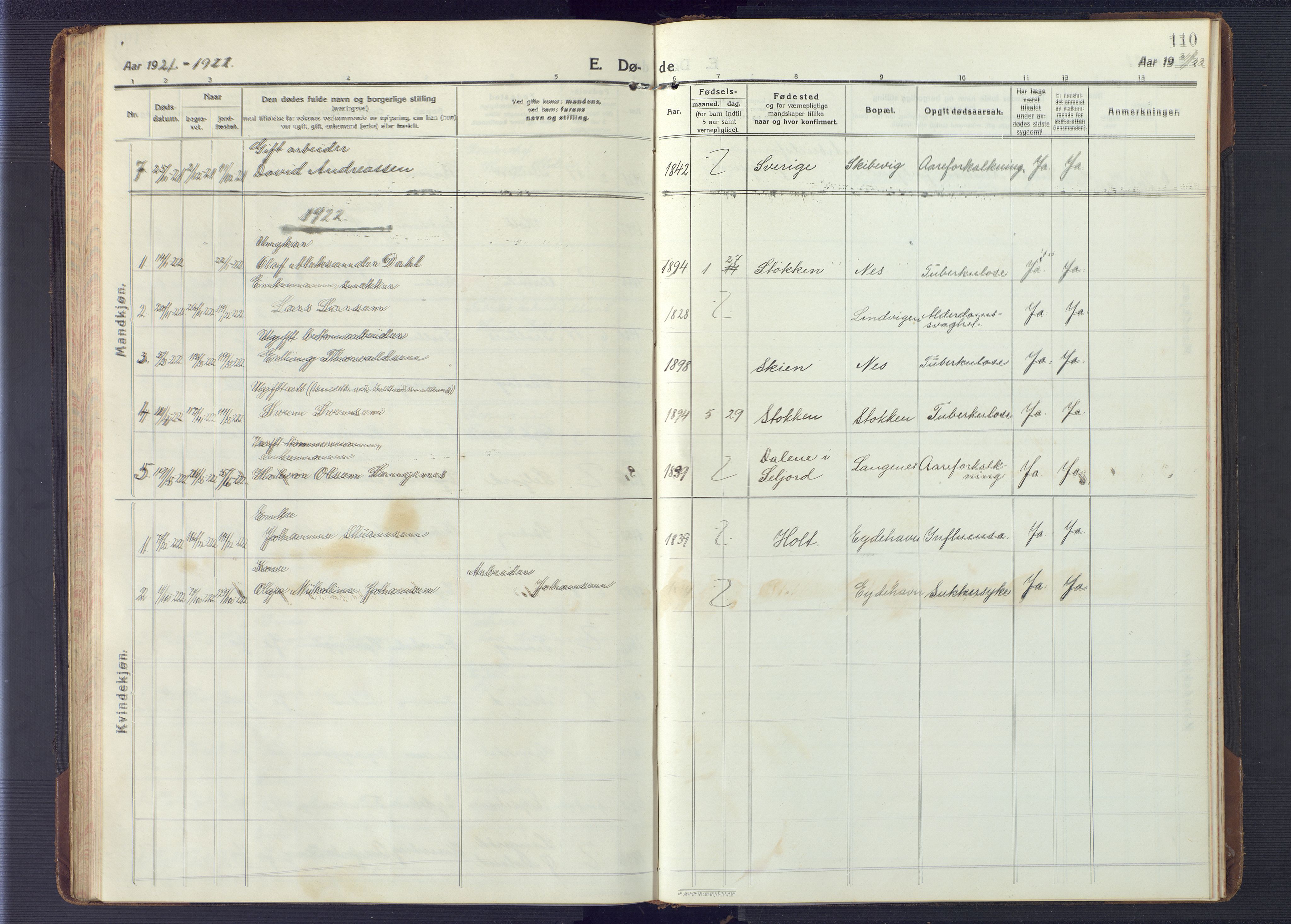 Austre Moland sokneprestkontor, SAK/1111-0001/F/Fb/Fbb/L0004: Parish register (copy) no. B 4, 1914-1929, p. 110