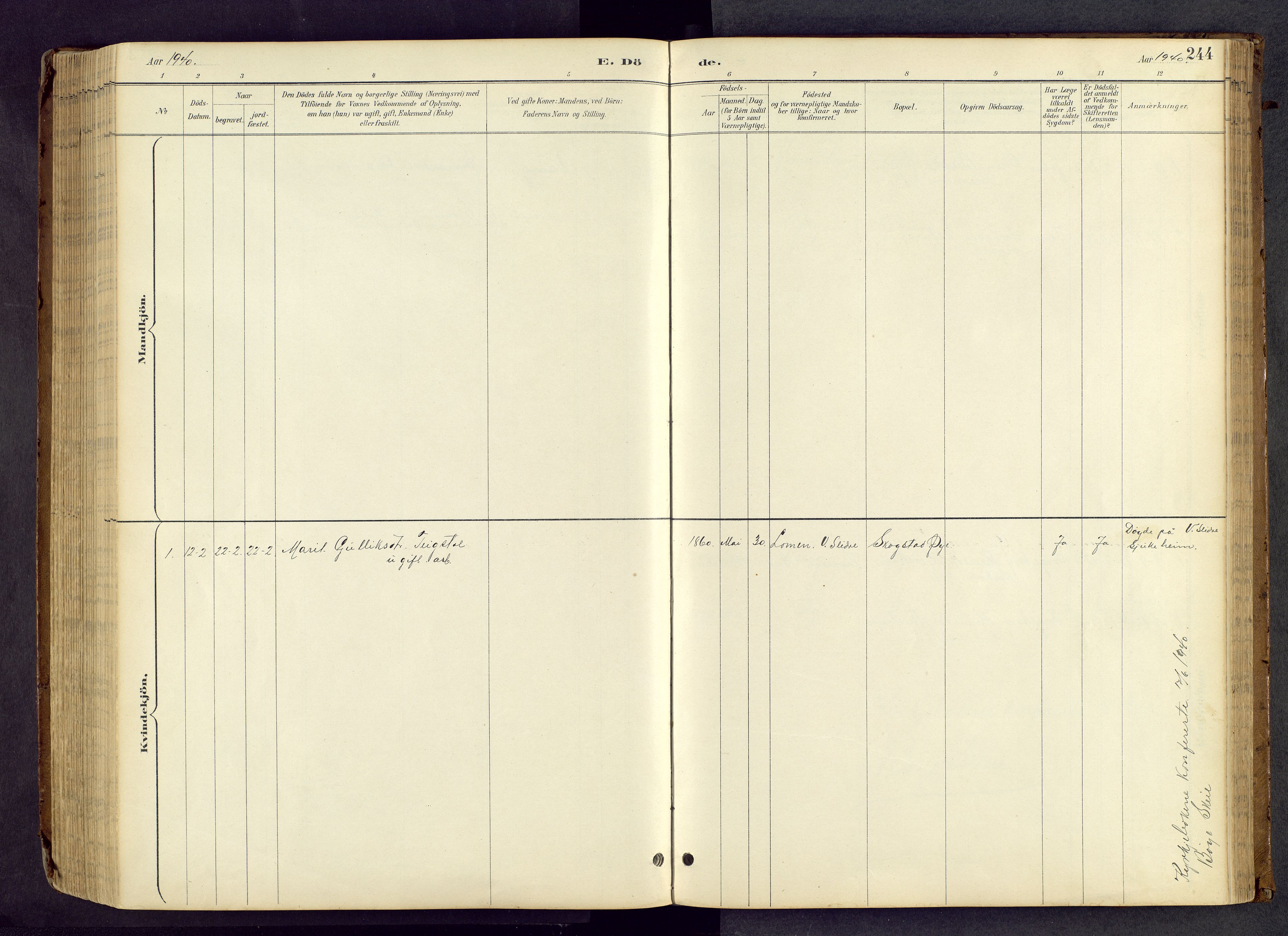 Vang prestekontor, Valdres, SAH/PREST-140/H/Hb/L0005: Parish register (copy) no. 5, 1889-1945, p. 244