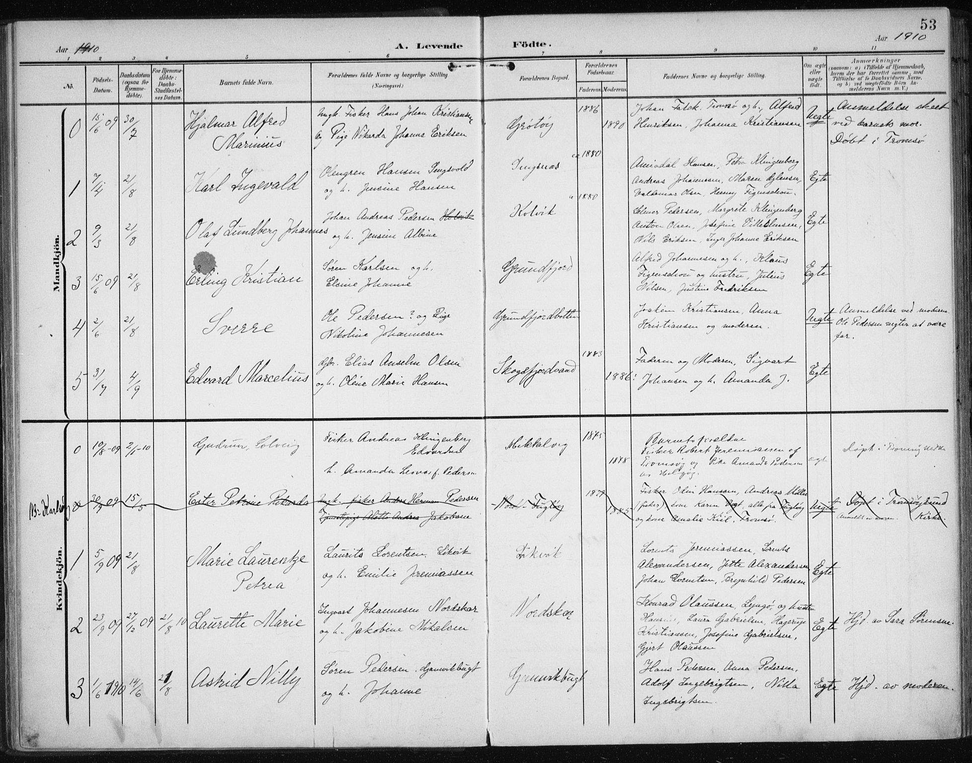 Karlsøy sokneprestembete, SATØ/S-1299/H/Ha/Haa/L0013kirke: Parish register (official) no. 13, 1902-1916, p. 53