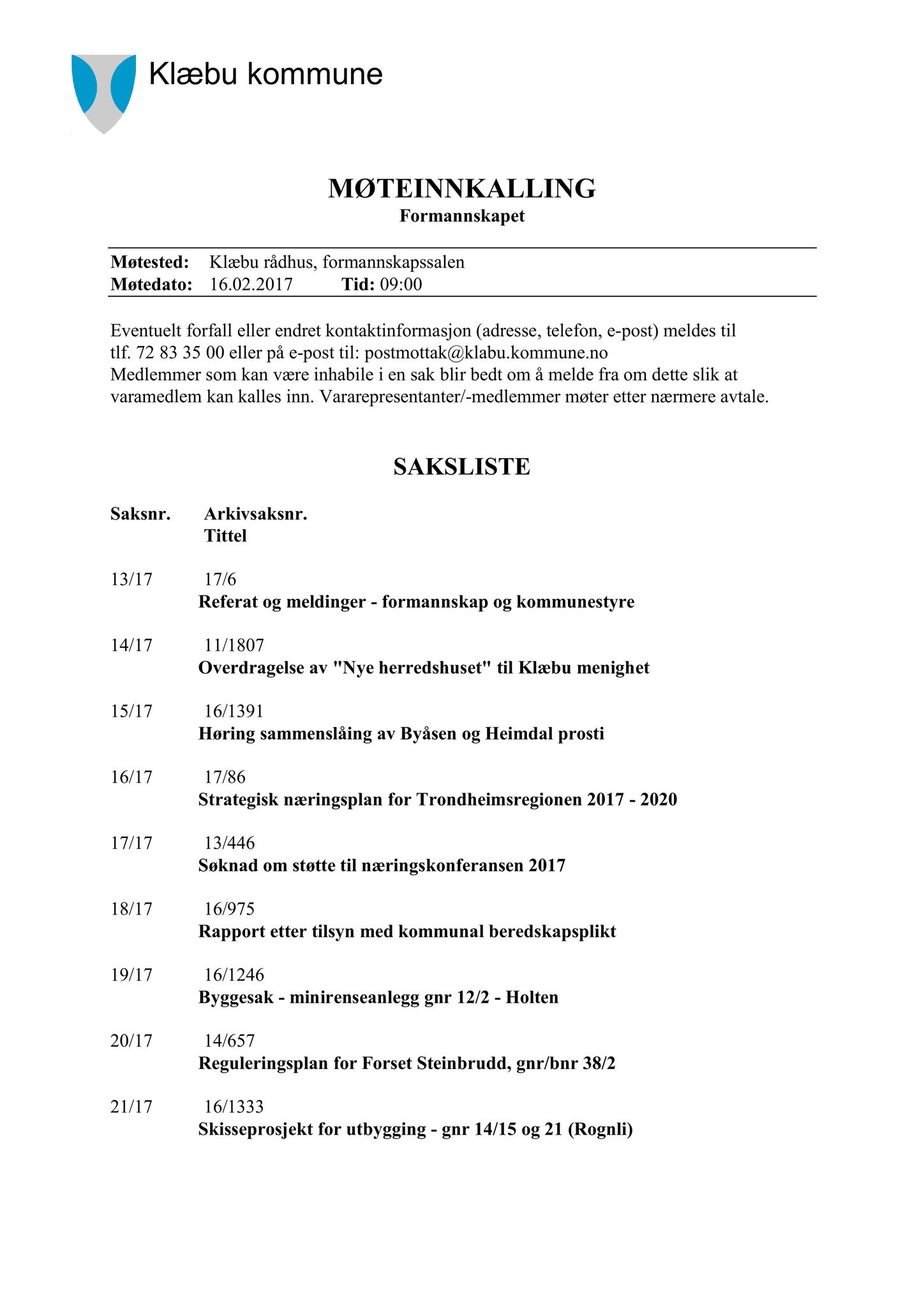 Klæbu Kommune, TRKO/KK/02-FS/L010: Formannsskapet - Møtedokumenter, 2017, p. 346