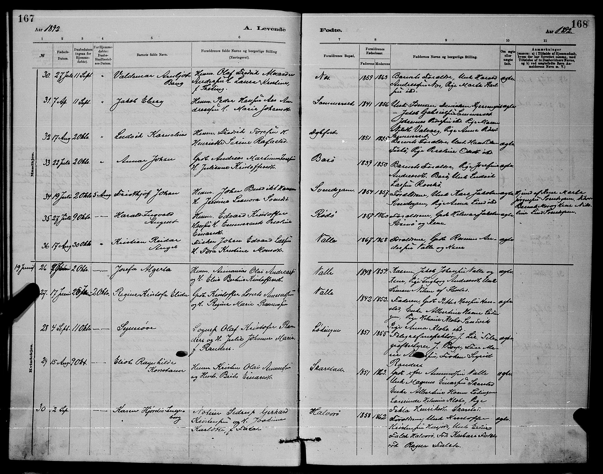 Ministerialprotokoller, klokkerbøker og fødselsregistre - Nordland, AV/SAT-A-1459/872/L1047: Parish register (copy) no. 872C03, 1880-1897, p. 167-168