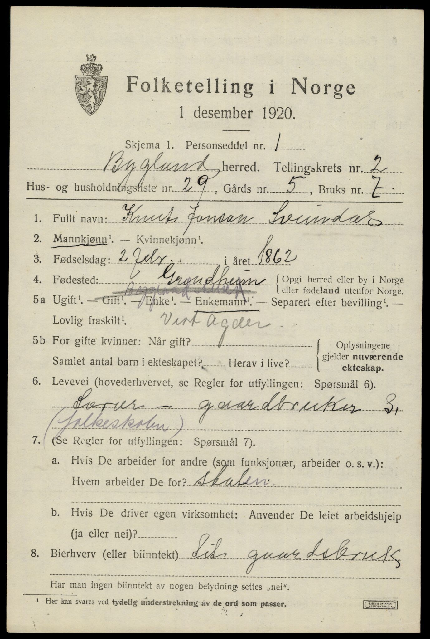 SAK, 1920 census for Bygland, 1920, p. 1459