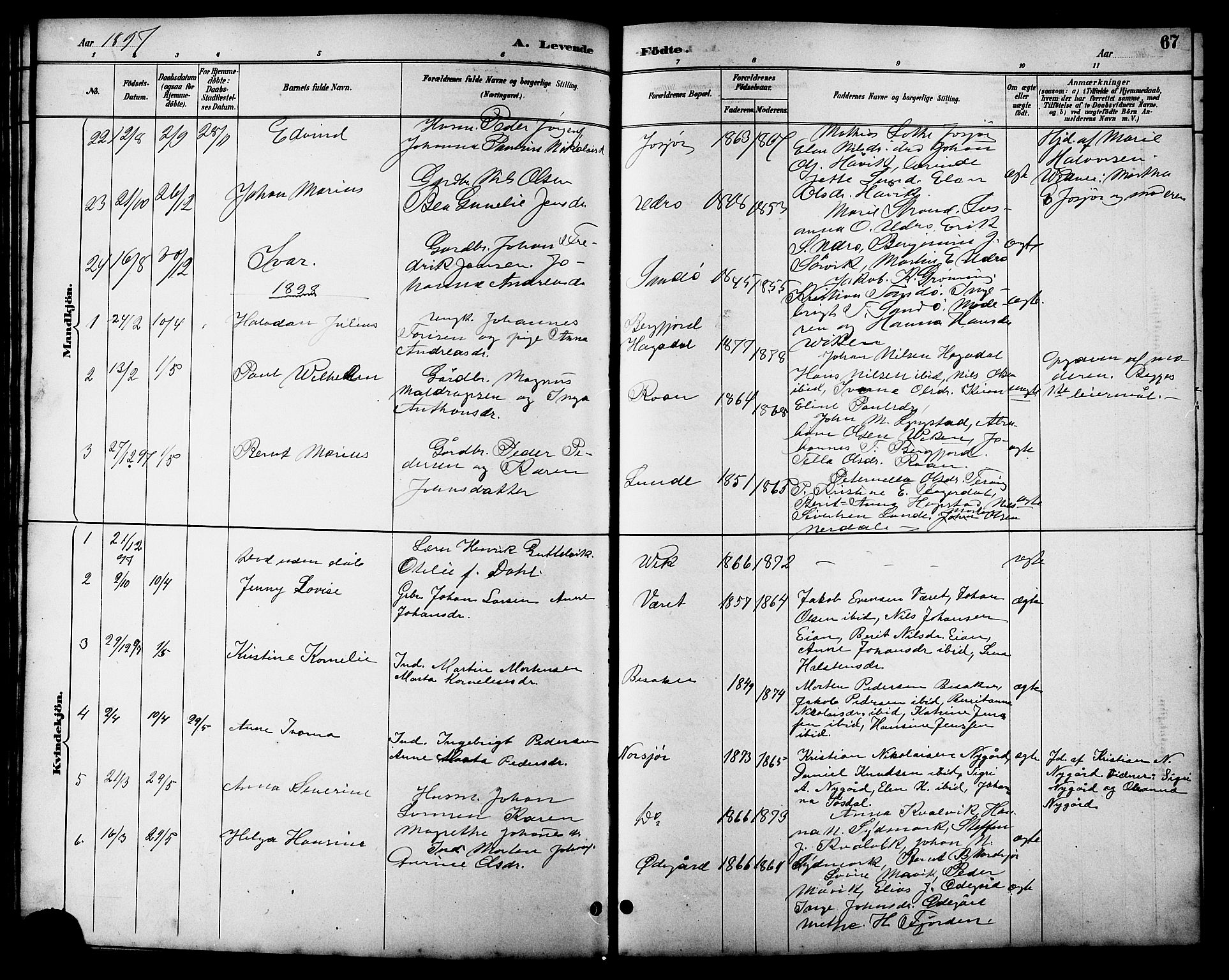 Ministerialprotokoller, klokkerbøker og fødselsregistre - Sør-Trøndelag, AV/SAT-A-1456/657/L0716: Parish register (copy) no. 657C03, 1889-1904, p. 67