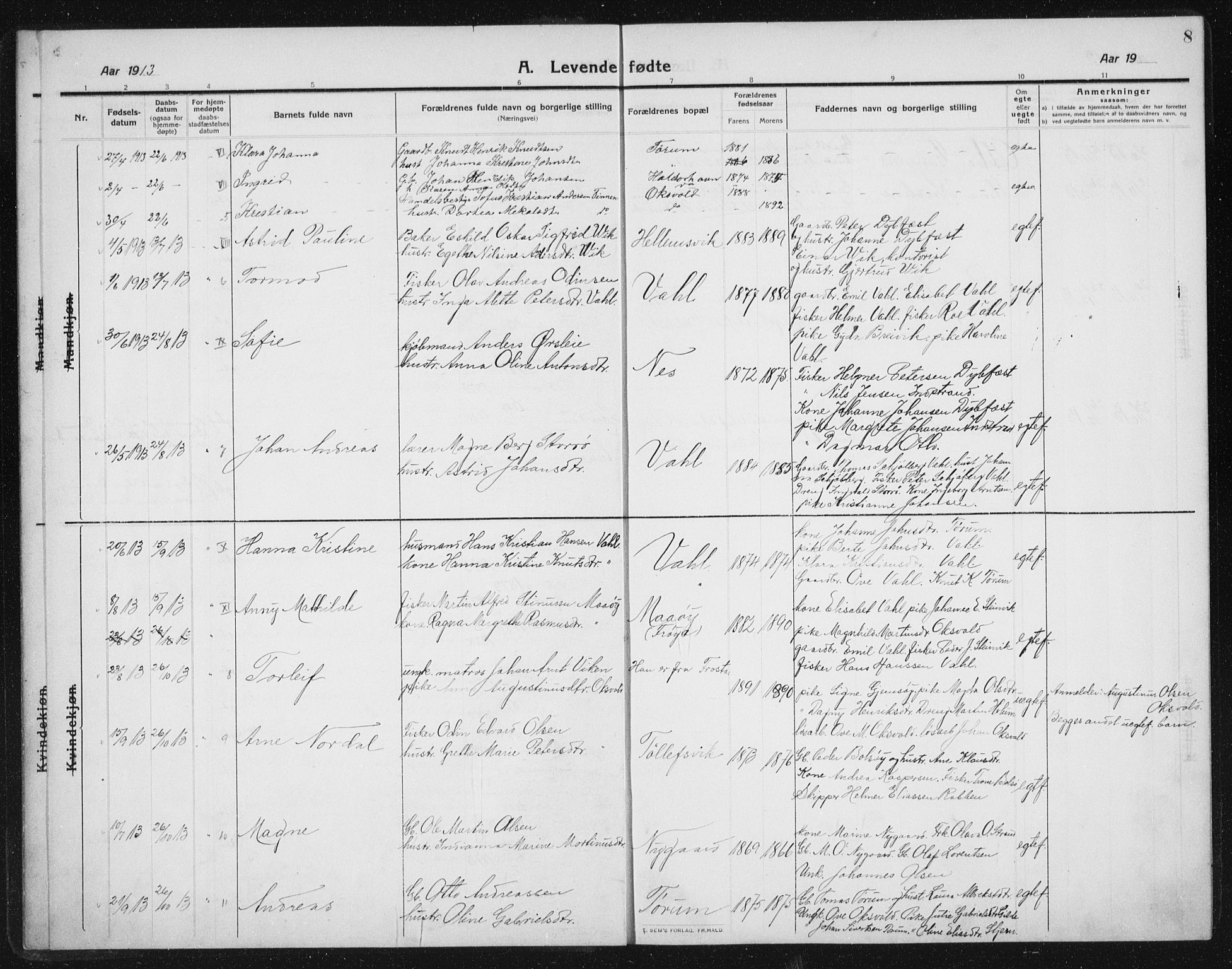 Ministerialprotokoller, klokkerbøker og fødselsregistre - Sør-Trøndelag, SAT/A-1456/652/L0654: Parish register (copy) no. 652C02, 1910-1937, p. 8