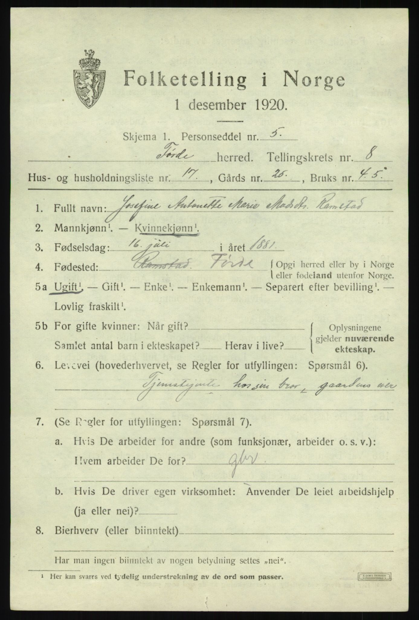 SAB, 1920 census for Førde, 1920, p. 3362