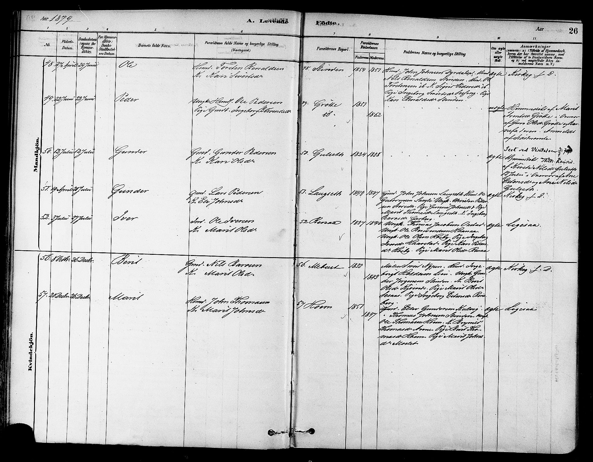 Ministerialprotokoller, klokkerbøker og fødselsregistre - Sør-Trøndelag, SAT/A-1456/695/L1148: Parish register (official) no. 695A08, 1878-1891, p. 26