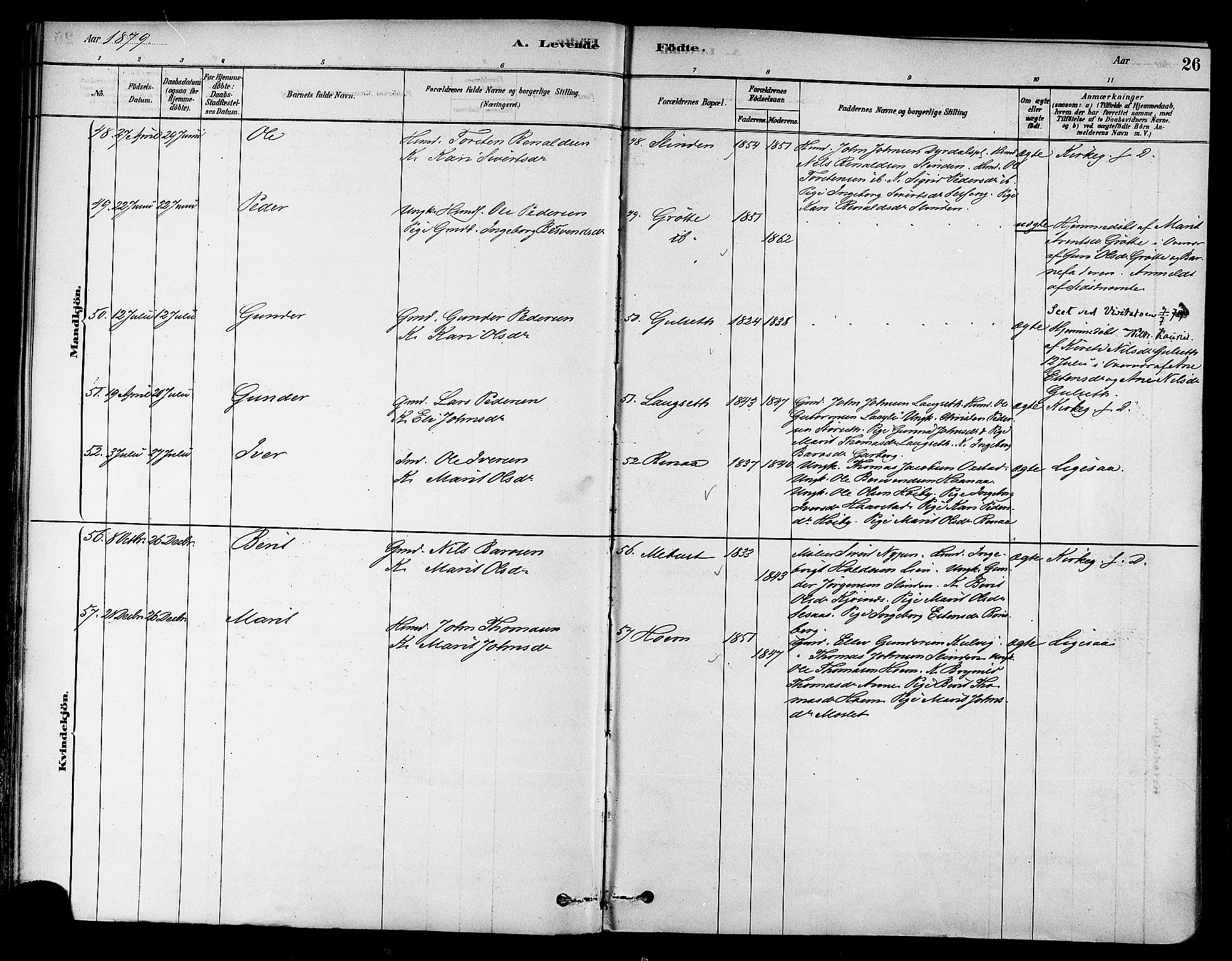 Ministerialprotokoller, klokkerbøker og fødselsregistre - Sør-Trøndelag, AV/SAT-A-1456/695/L1148: Parish register (official) no. 695A08, 1878-1891, p. 26