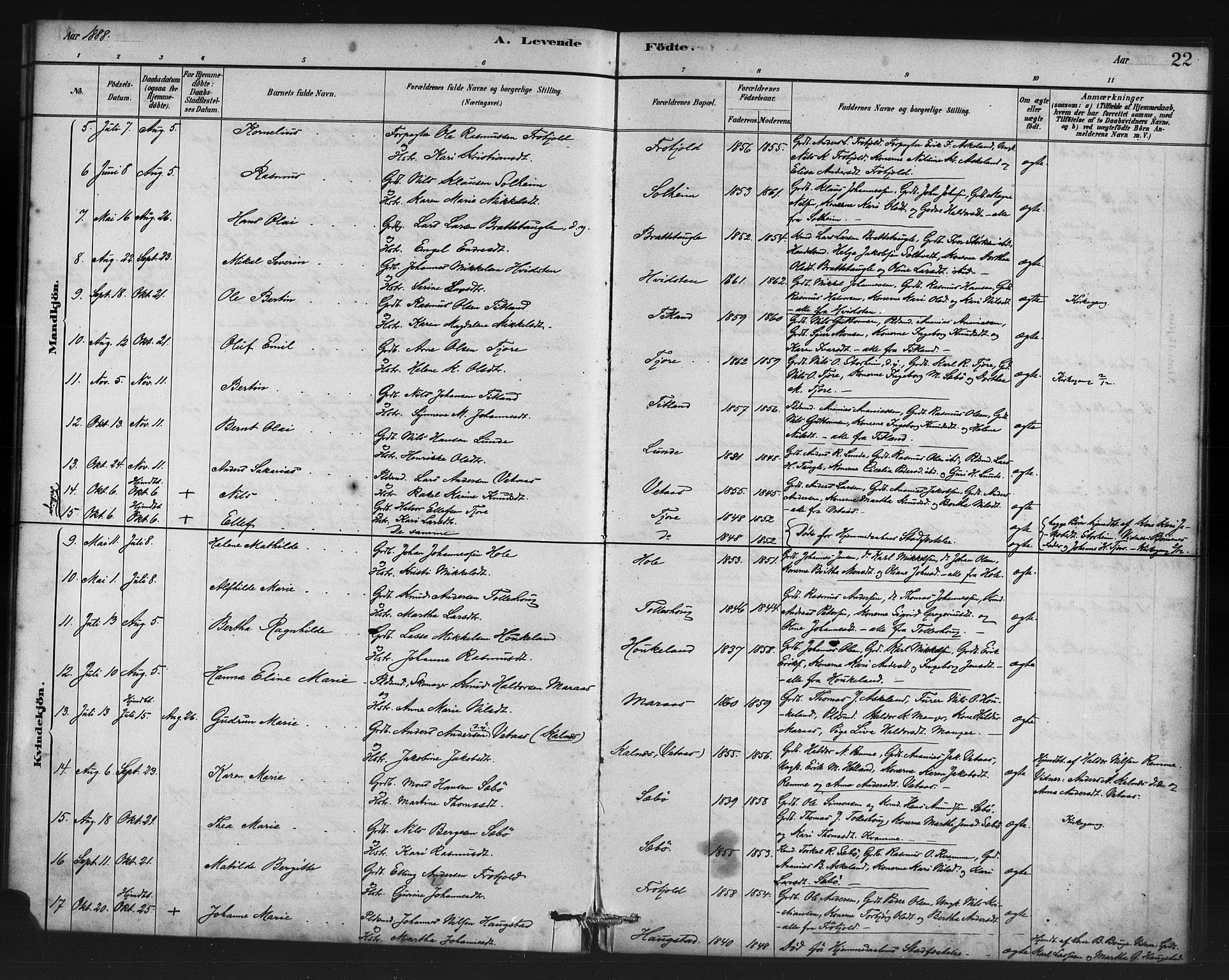 Manger sokneprestembete, AV/SAB-A-76801/H/Haa: Parish register (official) no. D 1, 1881-1892, p. 22