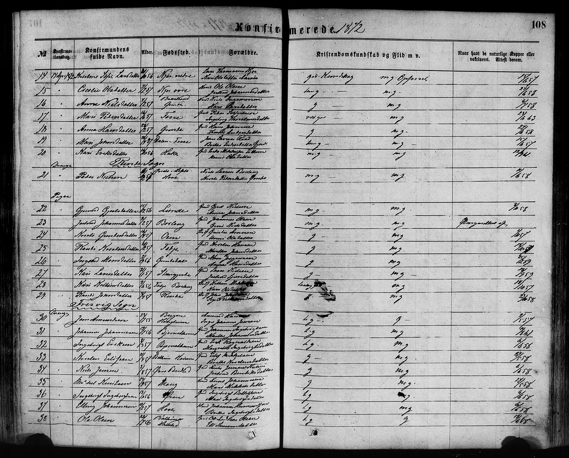 Leikanger sokneprestembete, AV/SAB-A-81001/H/Haa/Haaa/L0009: Parish register (official) no. A 9, 1869-1888, p. 108