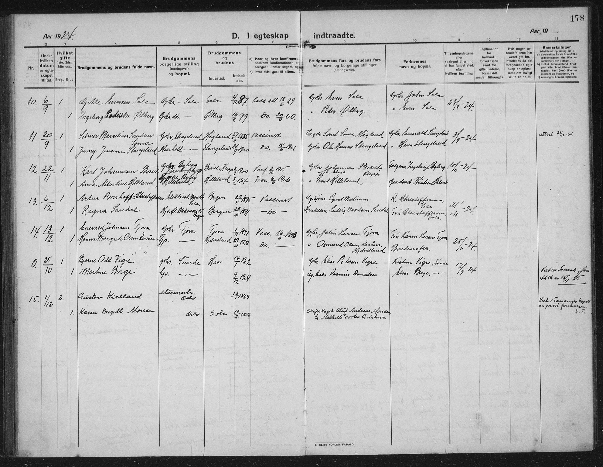 Håland sokneprestkontor, AV/SAST-A-101802/002/C/L0001: Parish register (official) no. A 14, 1913-1927, p. 178