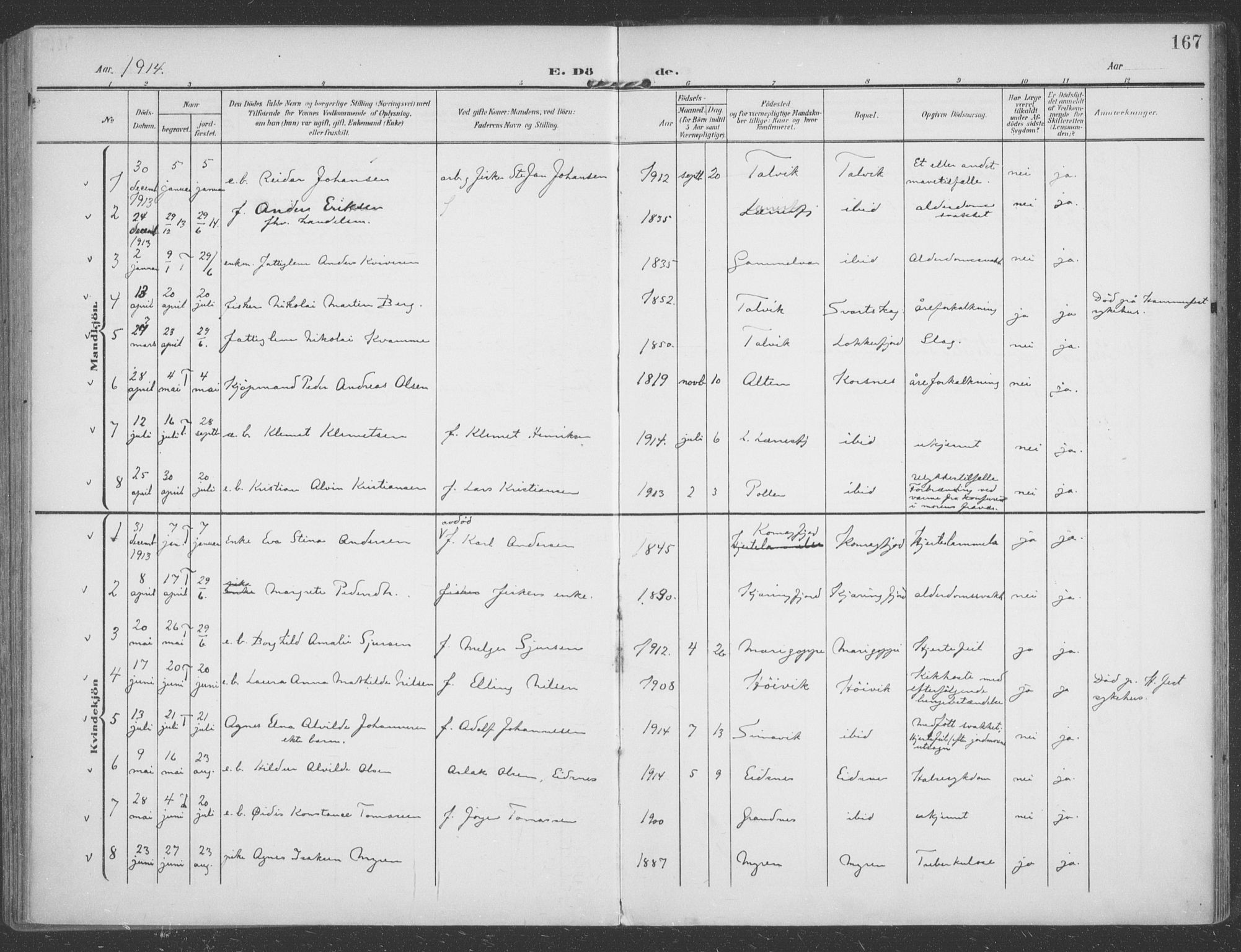 Talvik sokneprestkontor, AV/SATØ-S-1337/H/Ha/L0017kirke: Parish register (official) no. 17, 1906-1915, p. 167