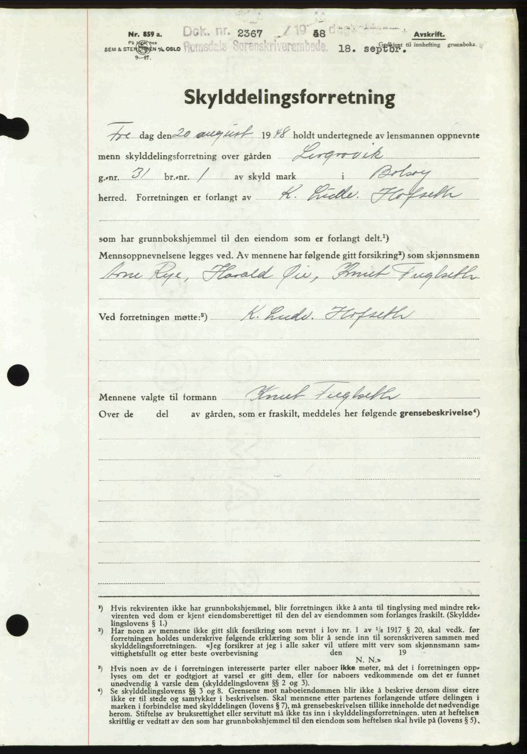 Romsdal sorenskriveri, AV/SAT-A-4149/1/2/2C: Mortgage book no. A27, 1948-1948, Diary no: : 2367/1948