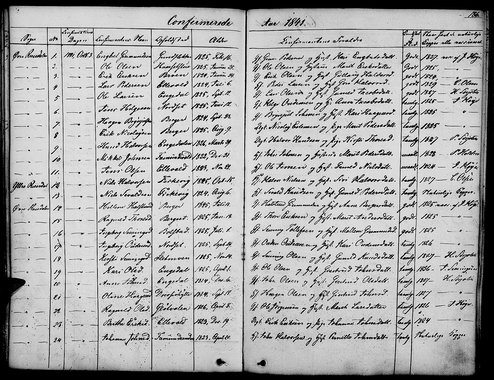 Rendalen prestekontor, SAH/PREST-054/H/Ha/Haa/L0004: Parish register (official) no. 4, 1829-1852, p. 186