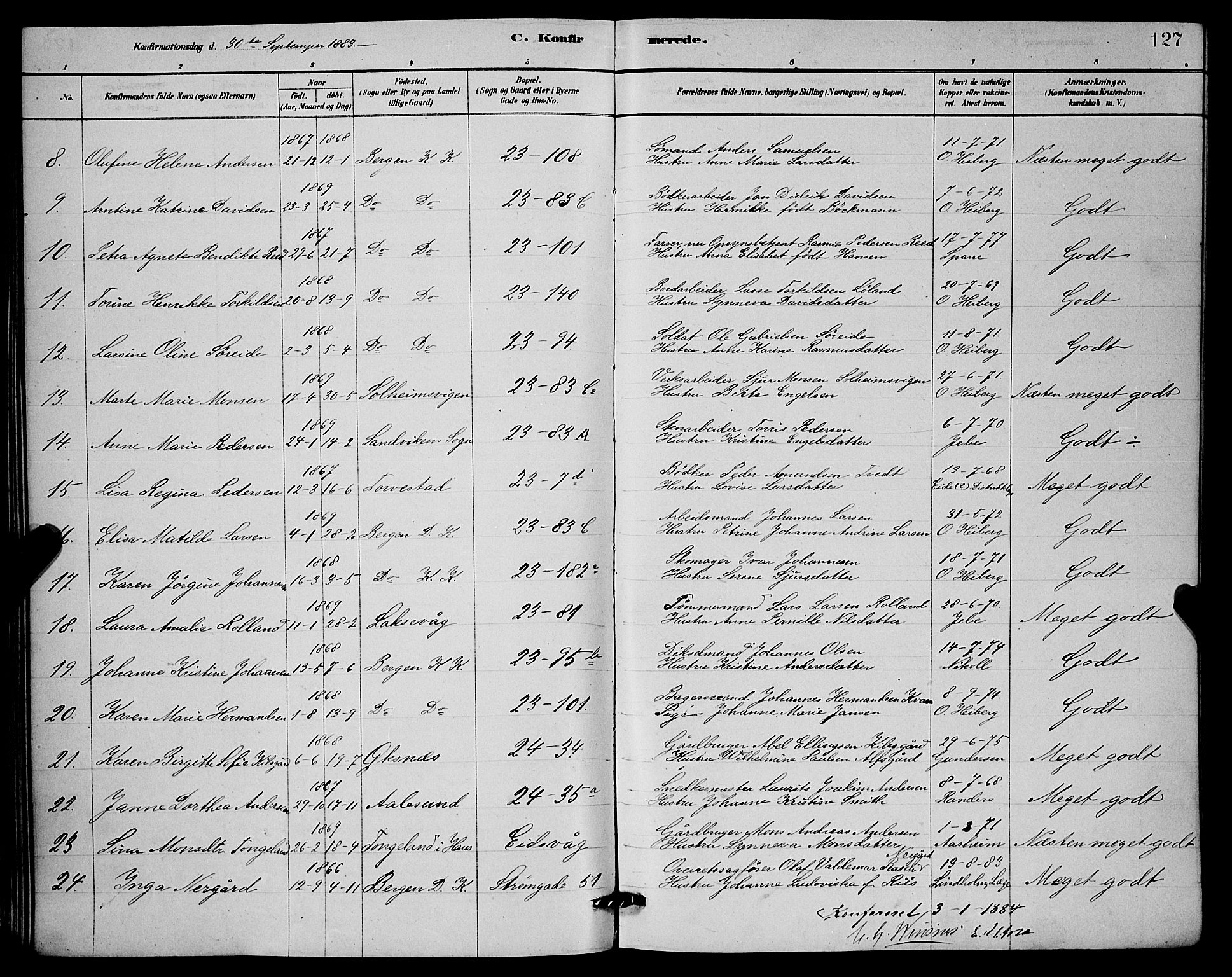 Mariakirken Sokneprestembete, AV/SAB-A-76901/H/Hab/L0004: Parish register (copy) no. A 4, 1878-1892, p. 127