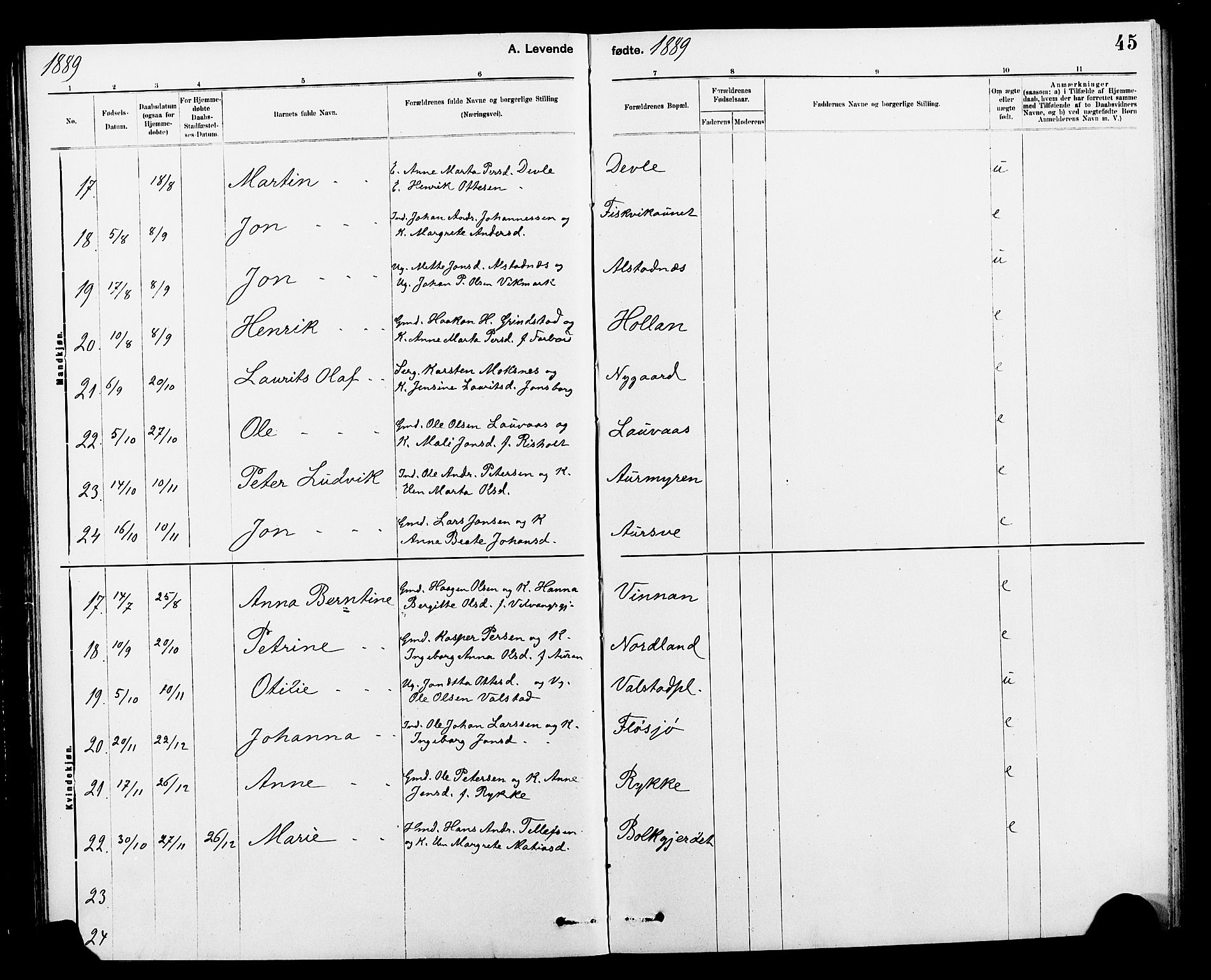 Ministerialprotokoller, klokkerbøker og fødselsregistre - Nord-Trøndelag, AV/SAT-A-1458/712/L0103: Parish register (copy) no. 712C01, 1878-1917, p. 45