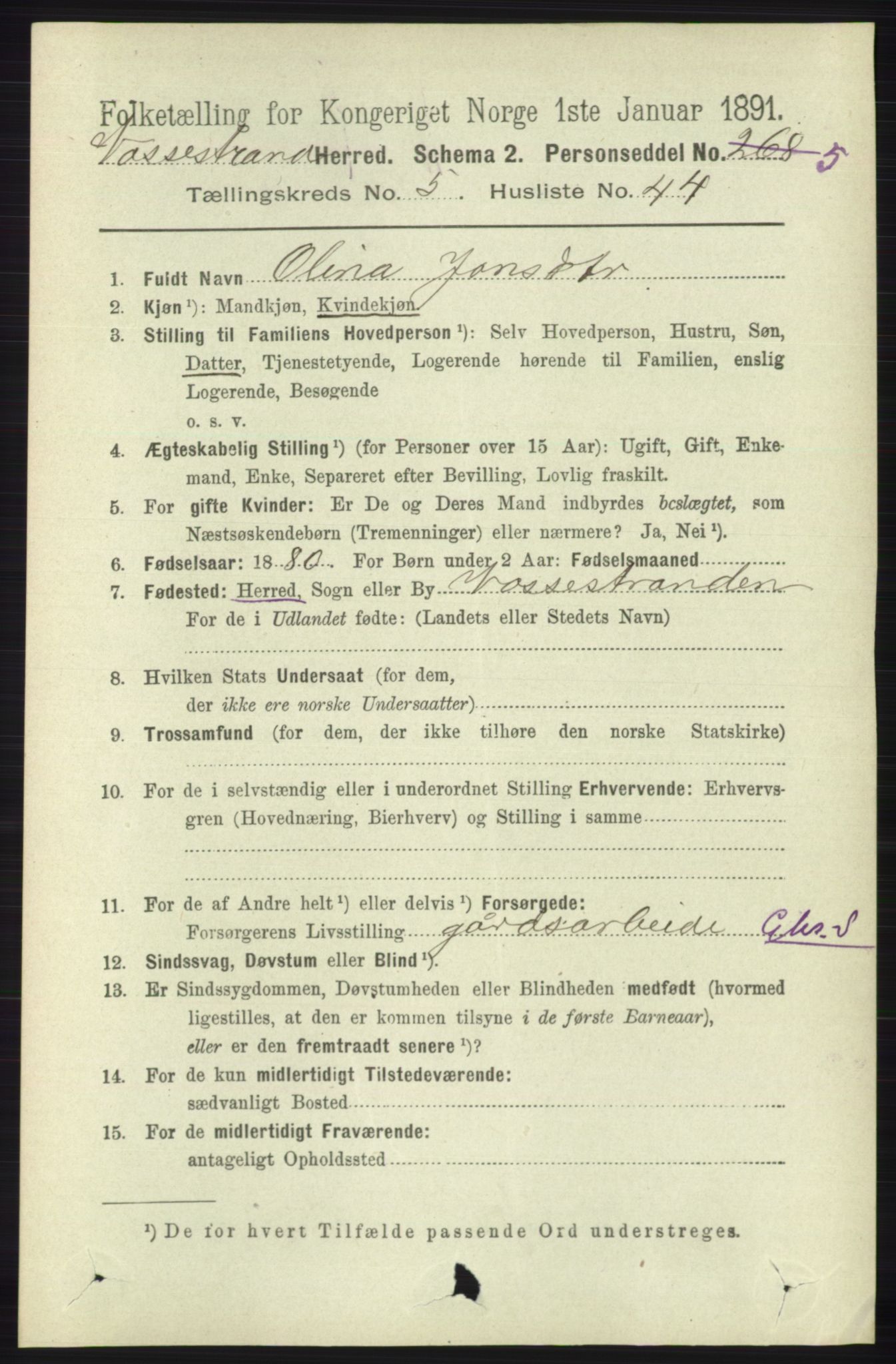 RA, 1891 census for 1236 Vossestrand, 1891, p. 2164