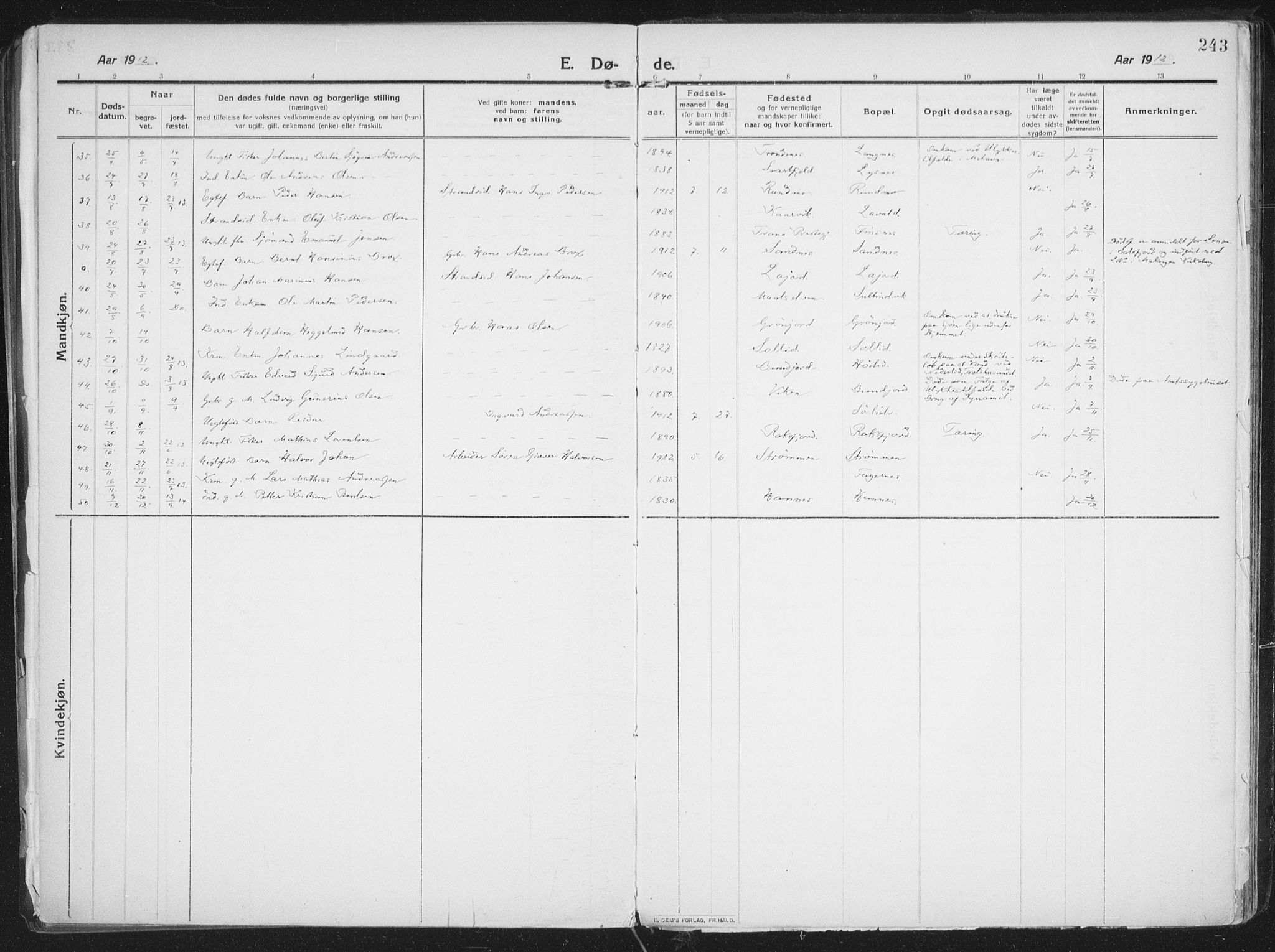 Lenvik sokneprestembete, AV/SATØ-S-1310/H/Ha/Haa/L0016kirke: Parish register (official) no. 16, 1910-1924, p. 243