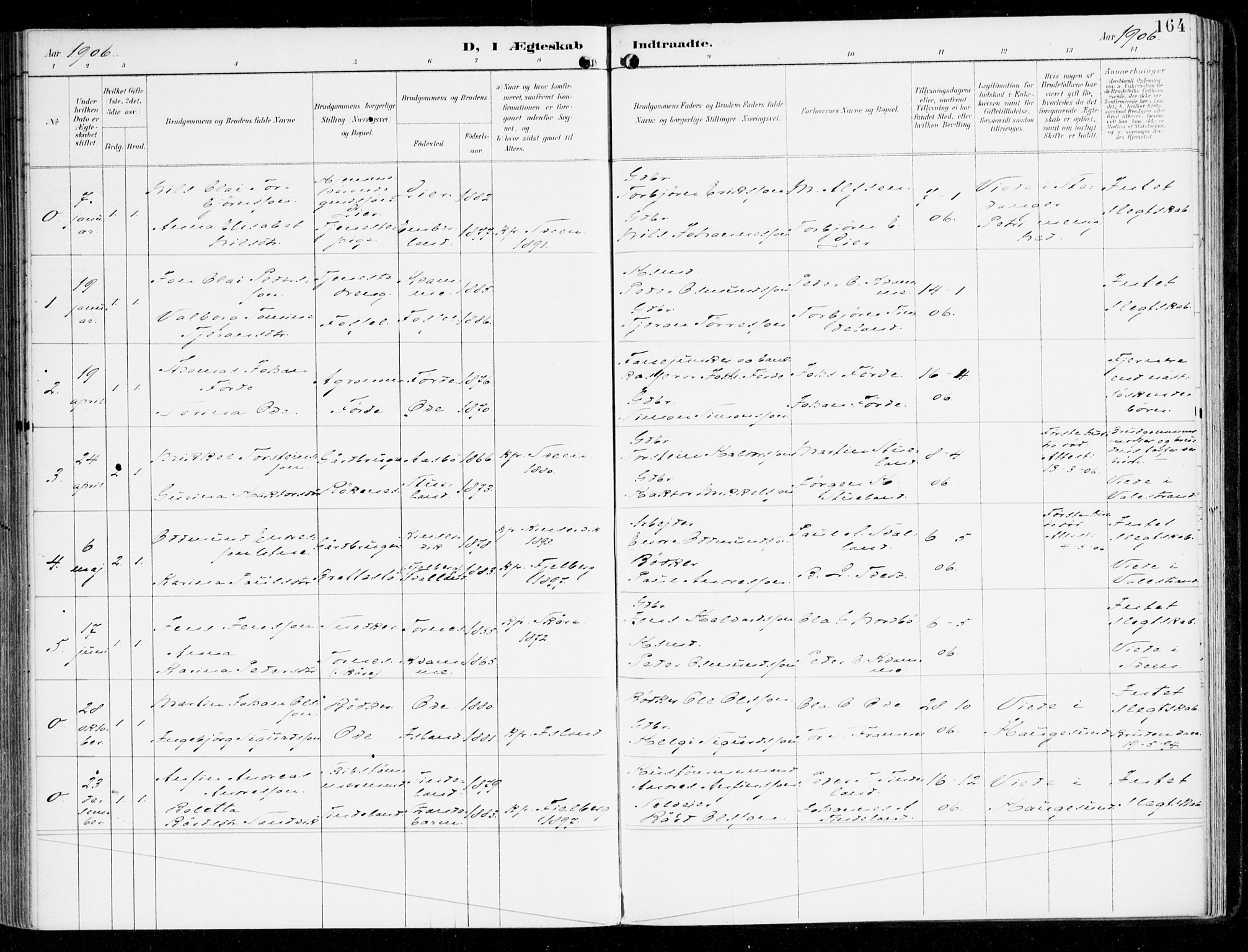 Sveio Sokneprestembete, AV/SAB-A-78501/H/Haa: Parish register (official) no. D 2, 1894-1916, p. 164