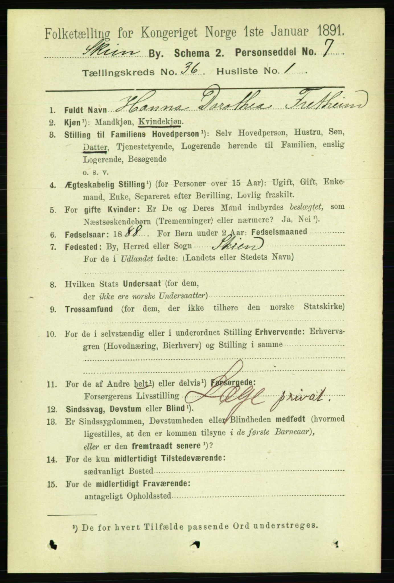 RA, 1891 census for 0806 Skien, 1891, p. 7951