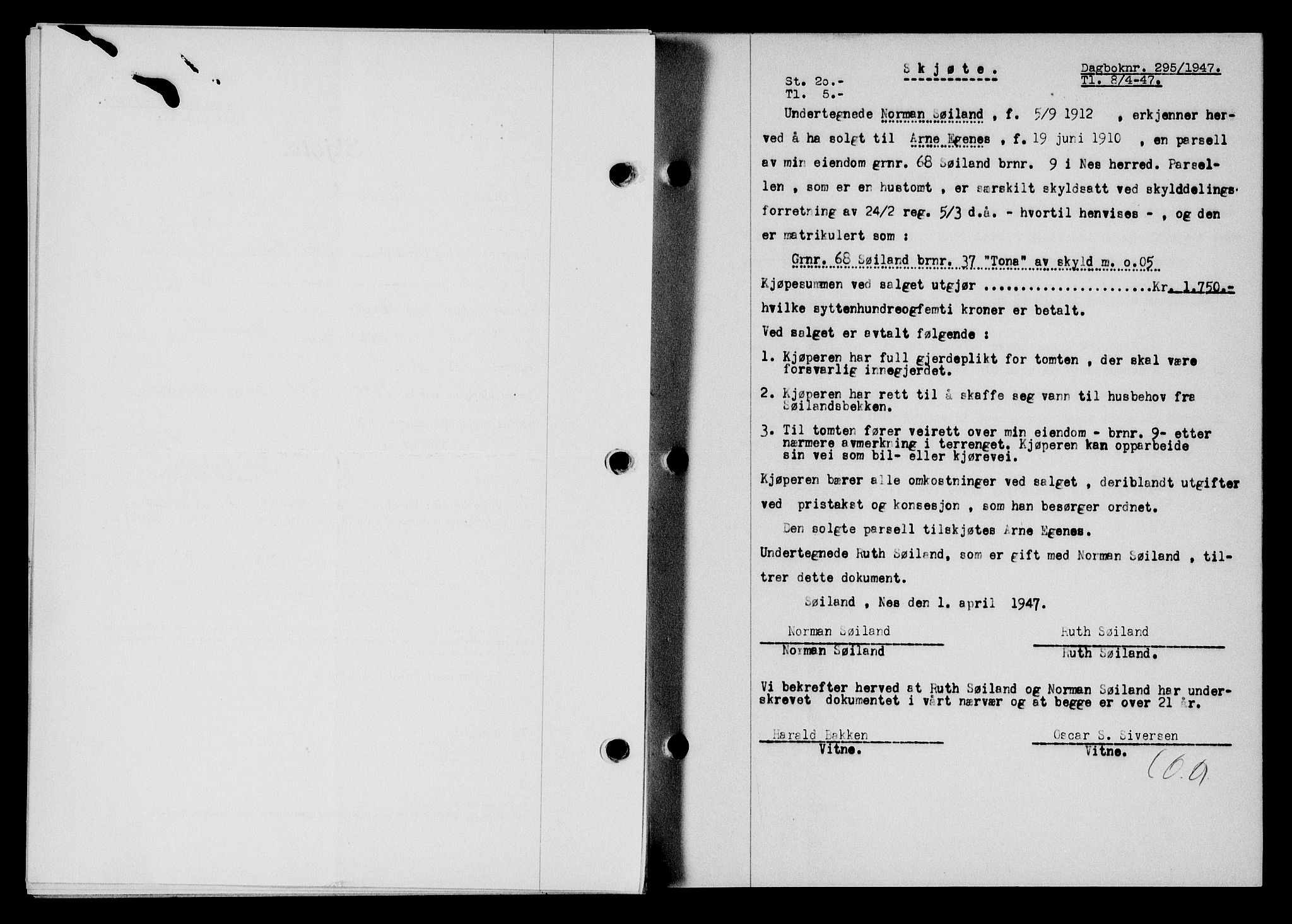 Flekkefjord sorenskriveri, SAK/1221-0001/G/Gb/Gba/L0061: Mortgage book no. A-9, 1946-1947, Diary no: : 295/1947