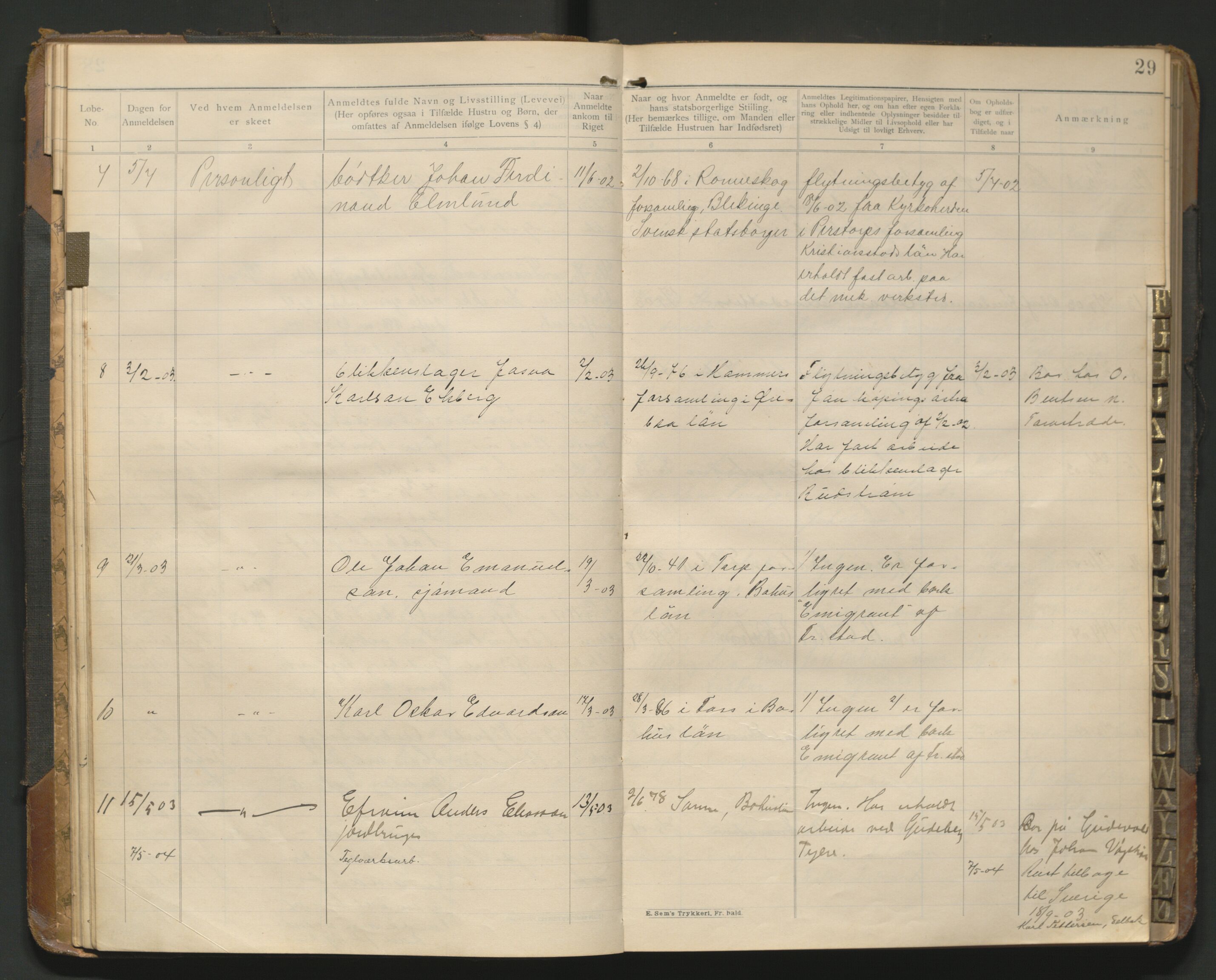 Fredrikstad politikammer, AV/SAO-A-10055/H/Hb/Hba/L0001: Protokoll over fremmede statsborgere, 1901-1916, p. 28b-29a