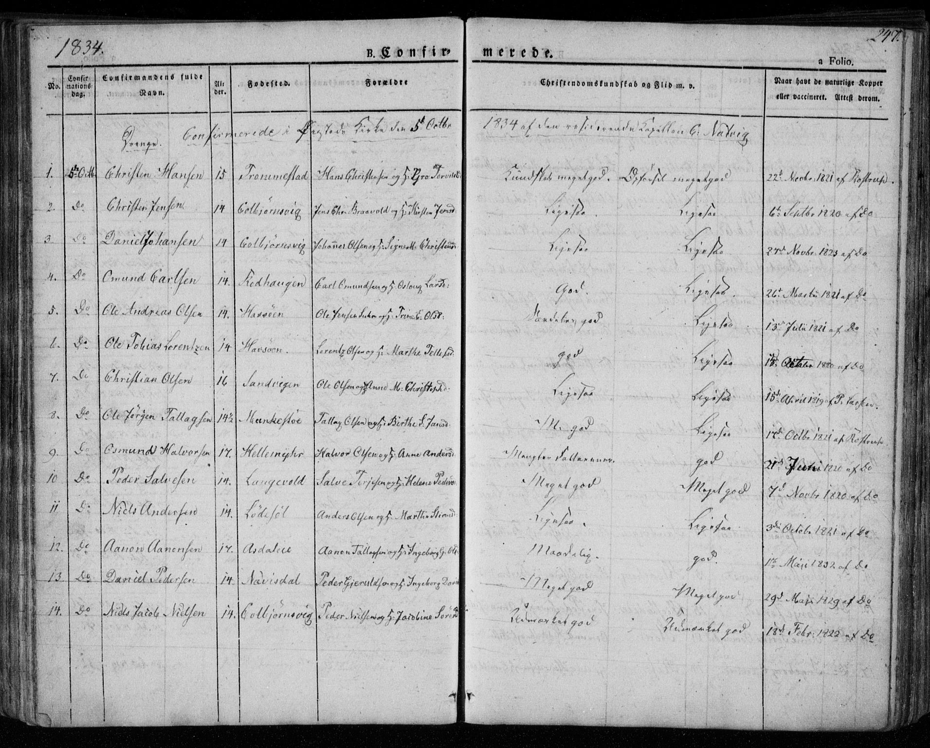 Øyestad sokneprestkontor, AV/SAK-1111-0049/F/Fa/L0013: Parish register (official) no. A 13, 1827-1842, p. 247