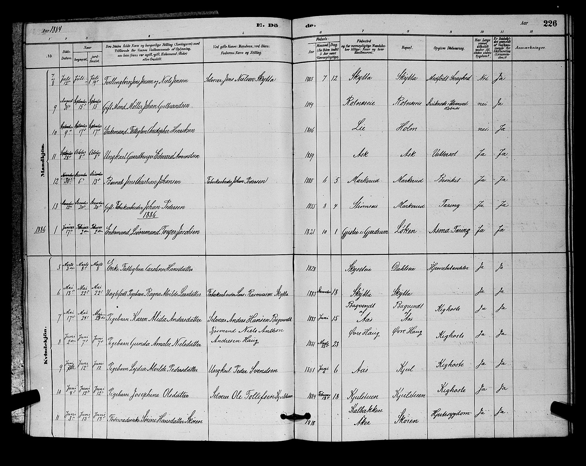 Nittedal prestekontor Kirkebøker, SAO/A-10365a/G/Ga/L0002: Parish register (copy) no. I 2, 1879-1901, p. 226
