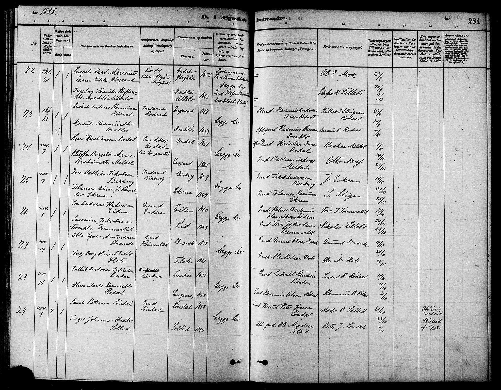 Ministerialprotokoller, klokkerbøker og fødselsregistre - Møre og Romsdal, AV/SAT-A-1454/511/L0141: Parish register (official) no. 511A08, 1878-1890, p. 284