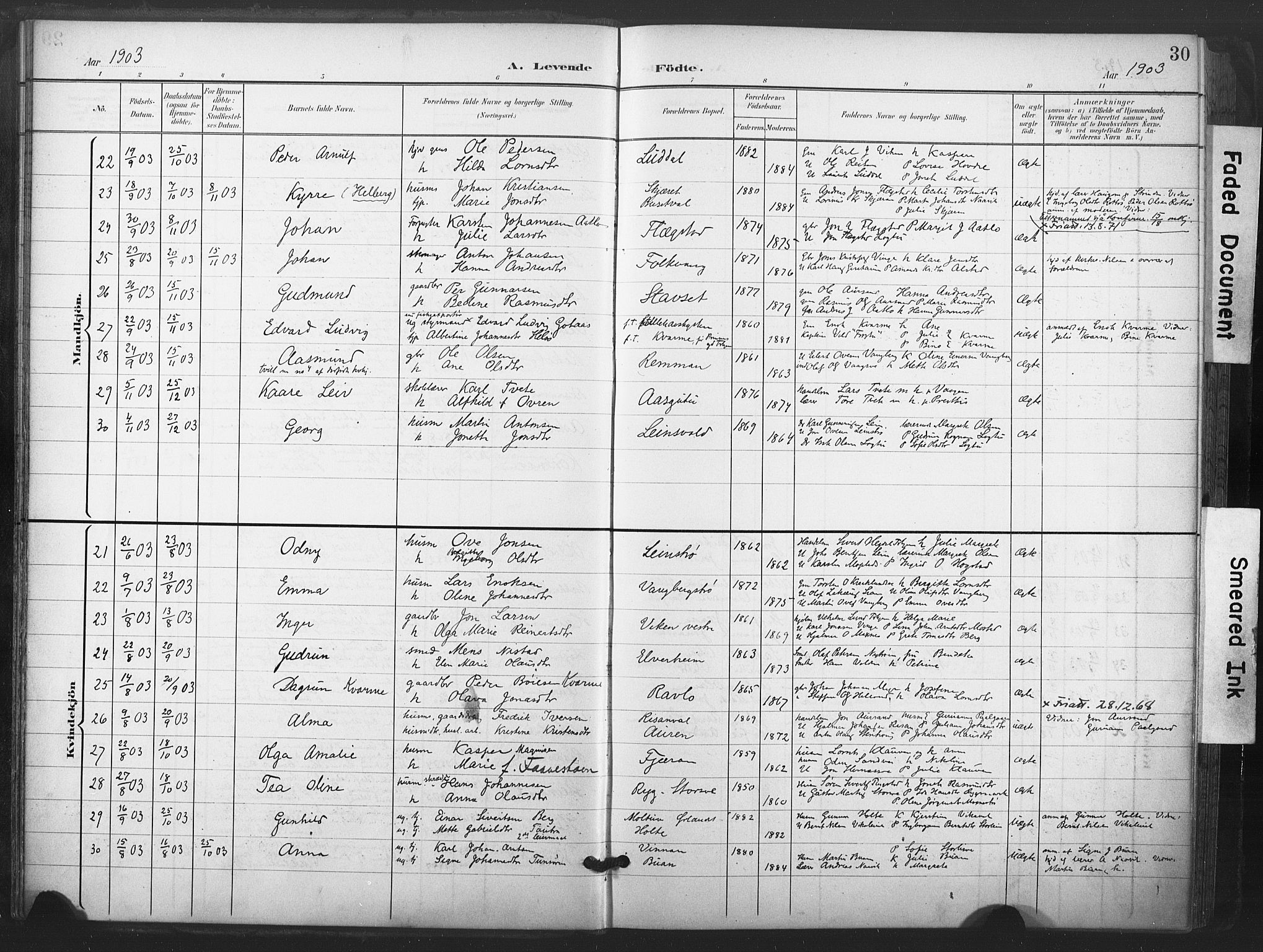 Ministerialprotokoller, klokkerbøker og fødselsregistre - Nord-Trøndelag, SAT/A-1458/713/L0122: Parish register (official) no. 713A11, 1899-1910, p. 30
