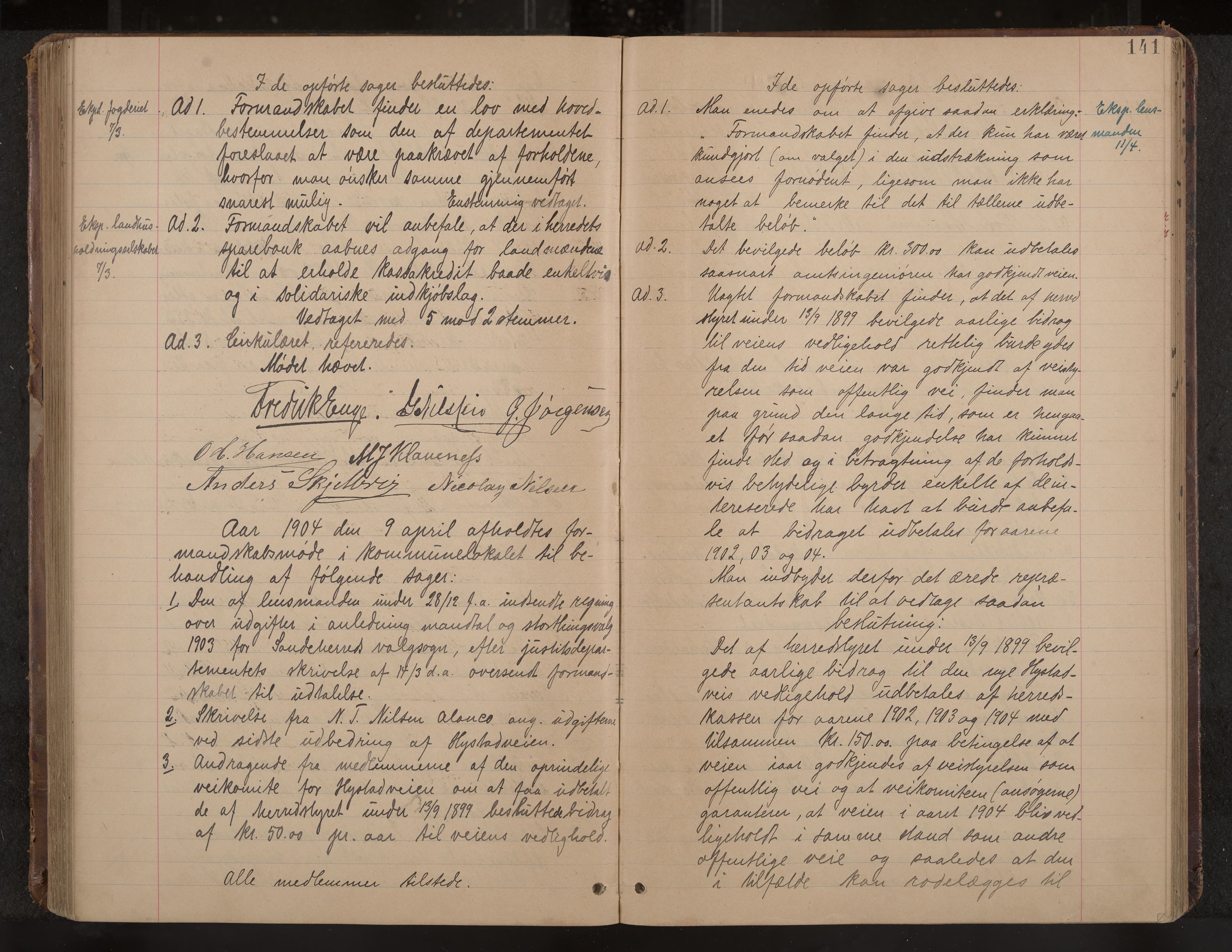 Sandar formannskap og sentraladministrasjon, IKAK/0724021/A/Aa/L0003: Møtebok med register, 1900-1907, p. 141