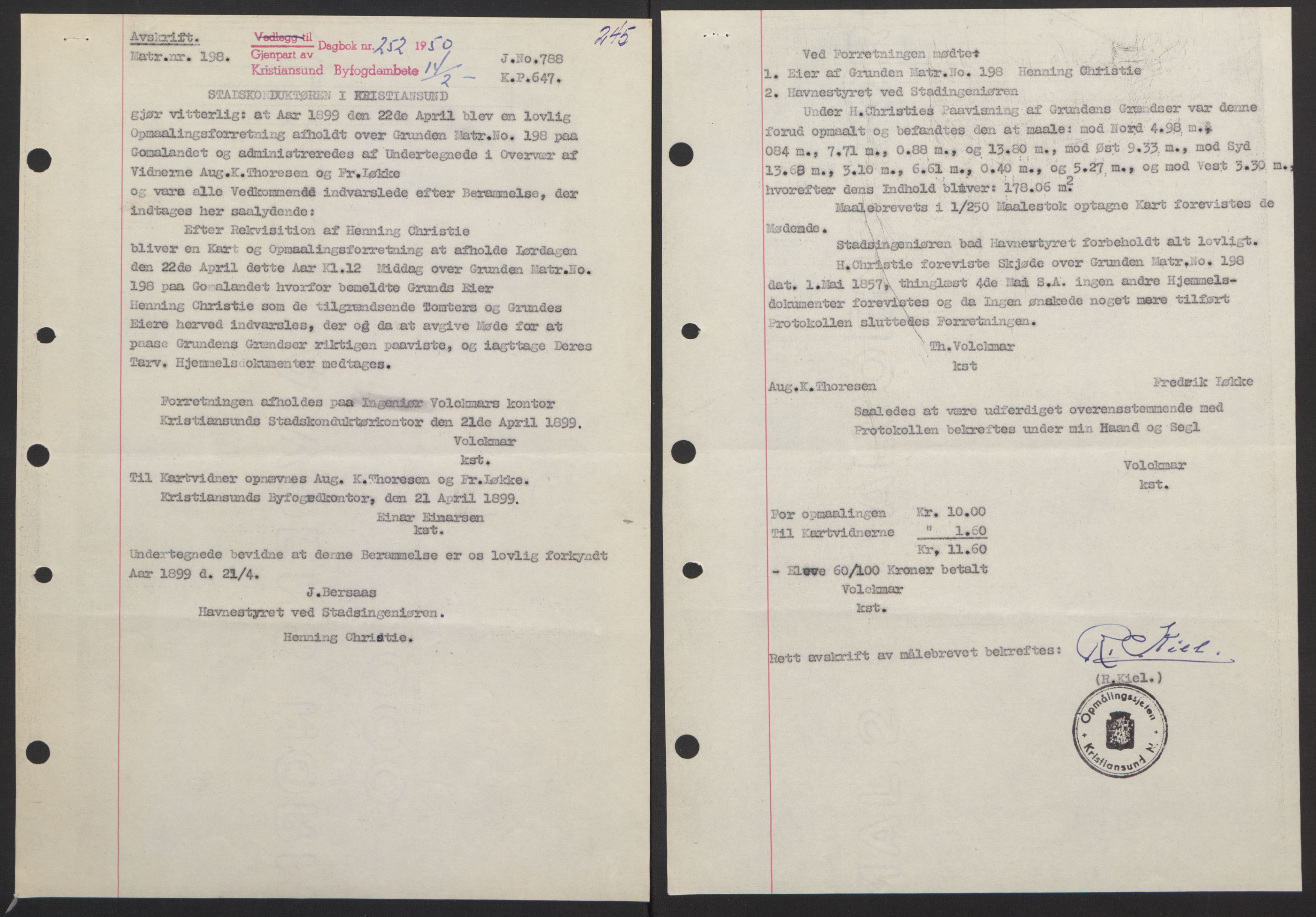 Kristiansund byfogd, AV/SAT-A-4587/A/27: Mortgage book no. 42, 1947-1950, Diary no: : 252/1950