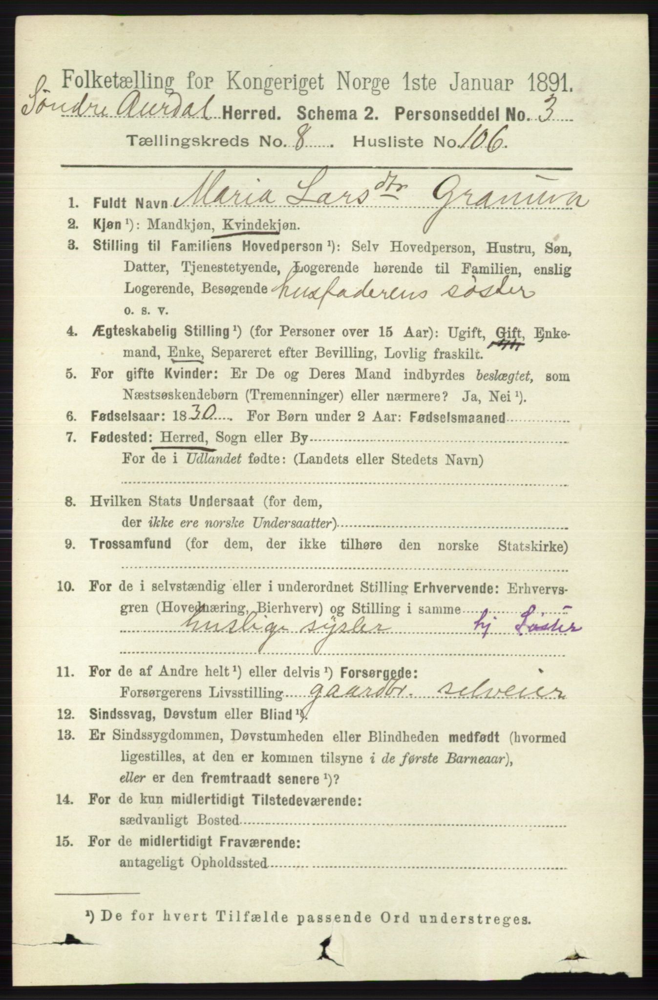 RA, 1891 census for 0540 Sør-Aurdal, 1891, p. 5491