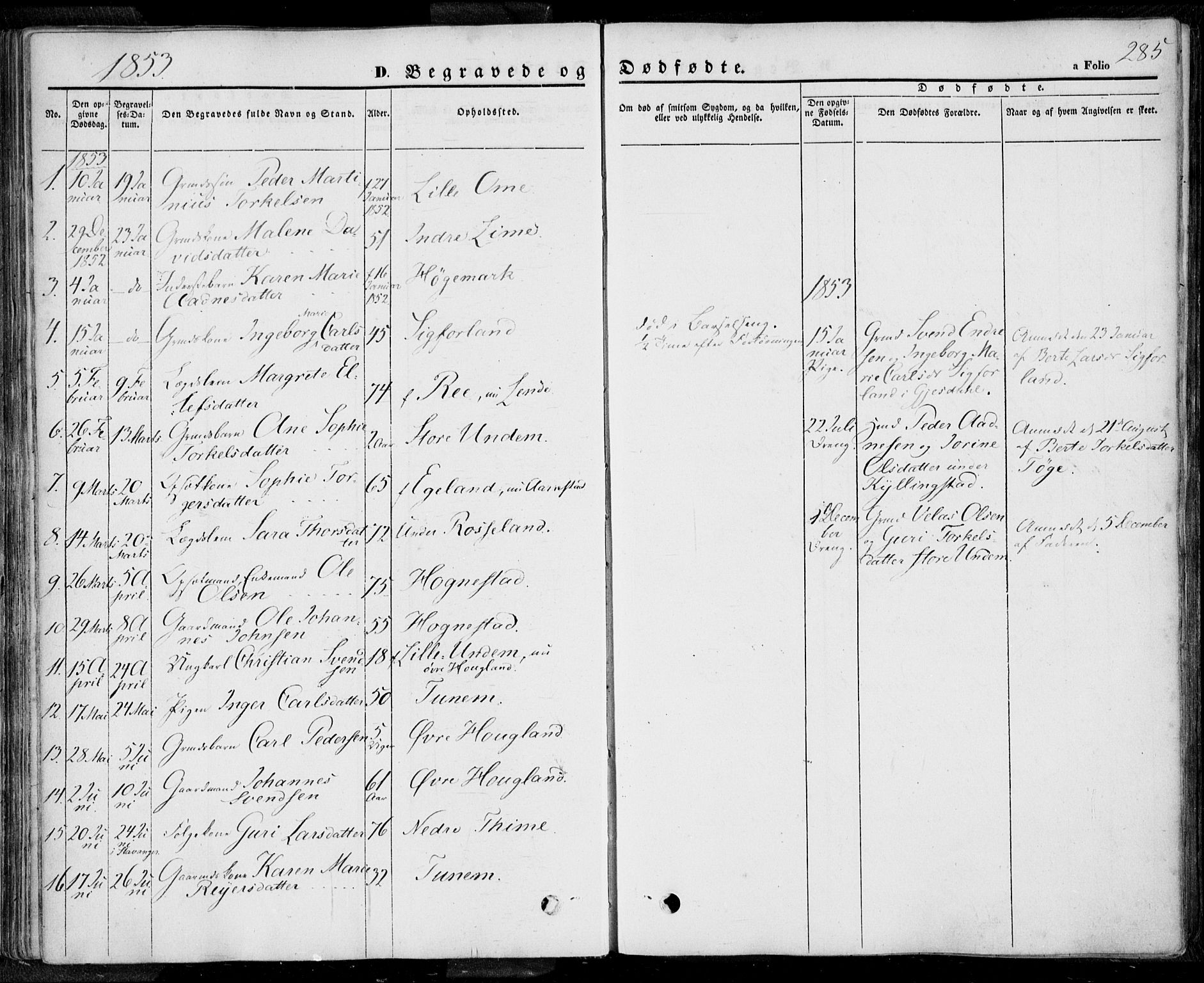 Lye sokneprestkontor, SAST/A-101794/001/30BA/L0006: Parish register (official) no. A 5.2, 1842-1855, p. 285