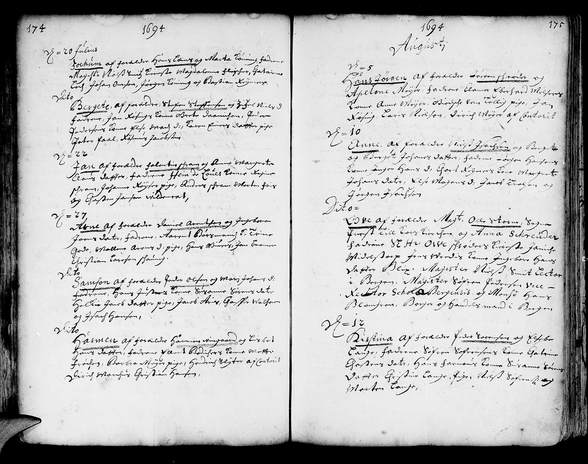 Korskirken sokneprestembete, SAB/A-76101/H/Haa/L0002: Parish register (official) no. A 2, 1688-1697, p. 174-175