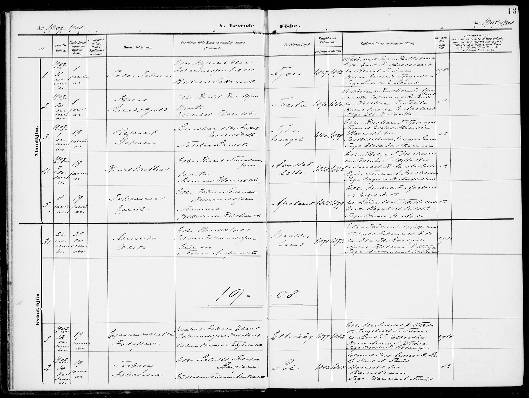 Sveio Sokneprestembete, SAB/A-78501/H/Haa: Parish register (official) no. B  4, 1906-1919, p. 13