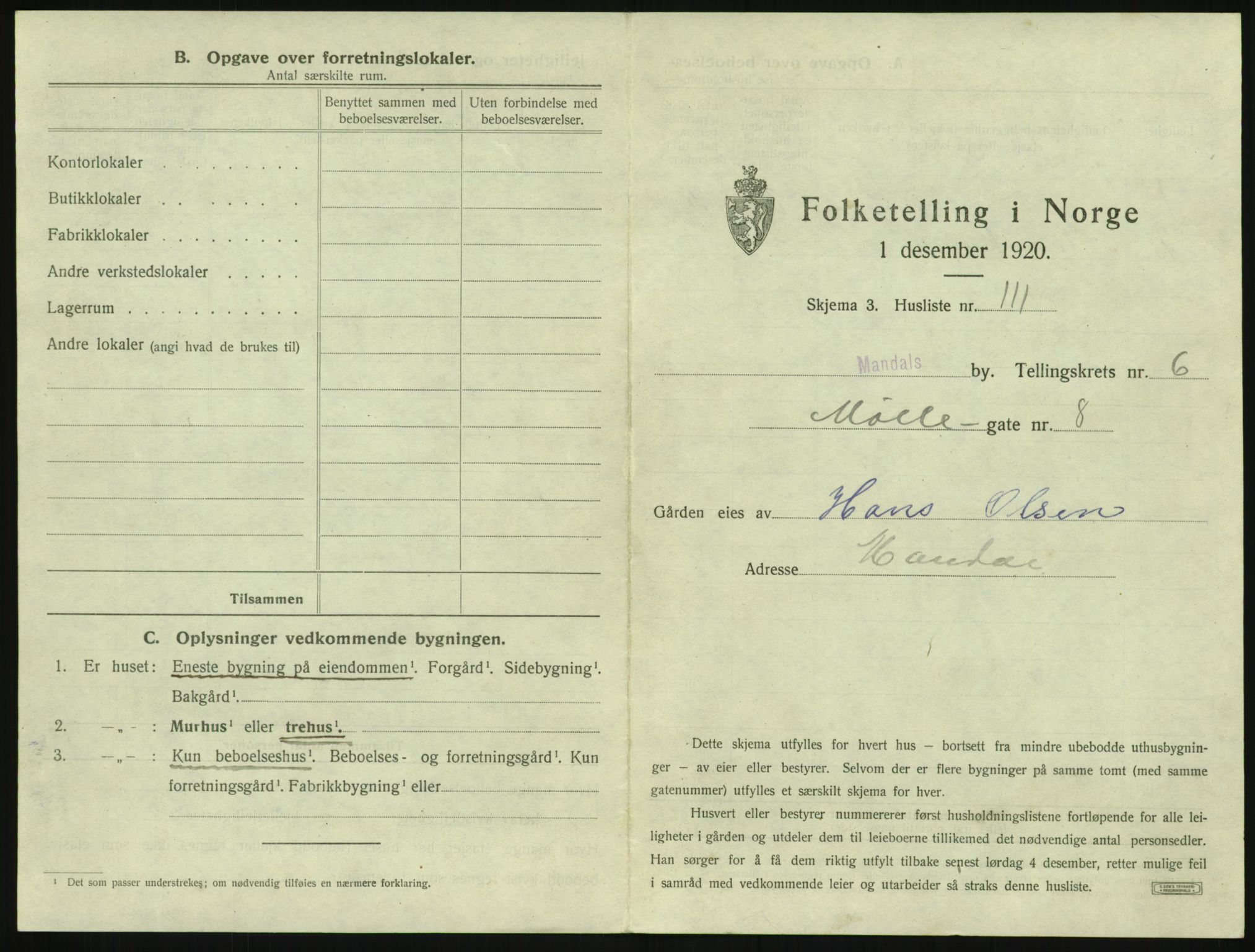 SAK, 1920 census for Mandal, 1920, p. 1407