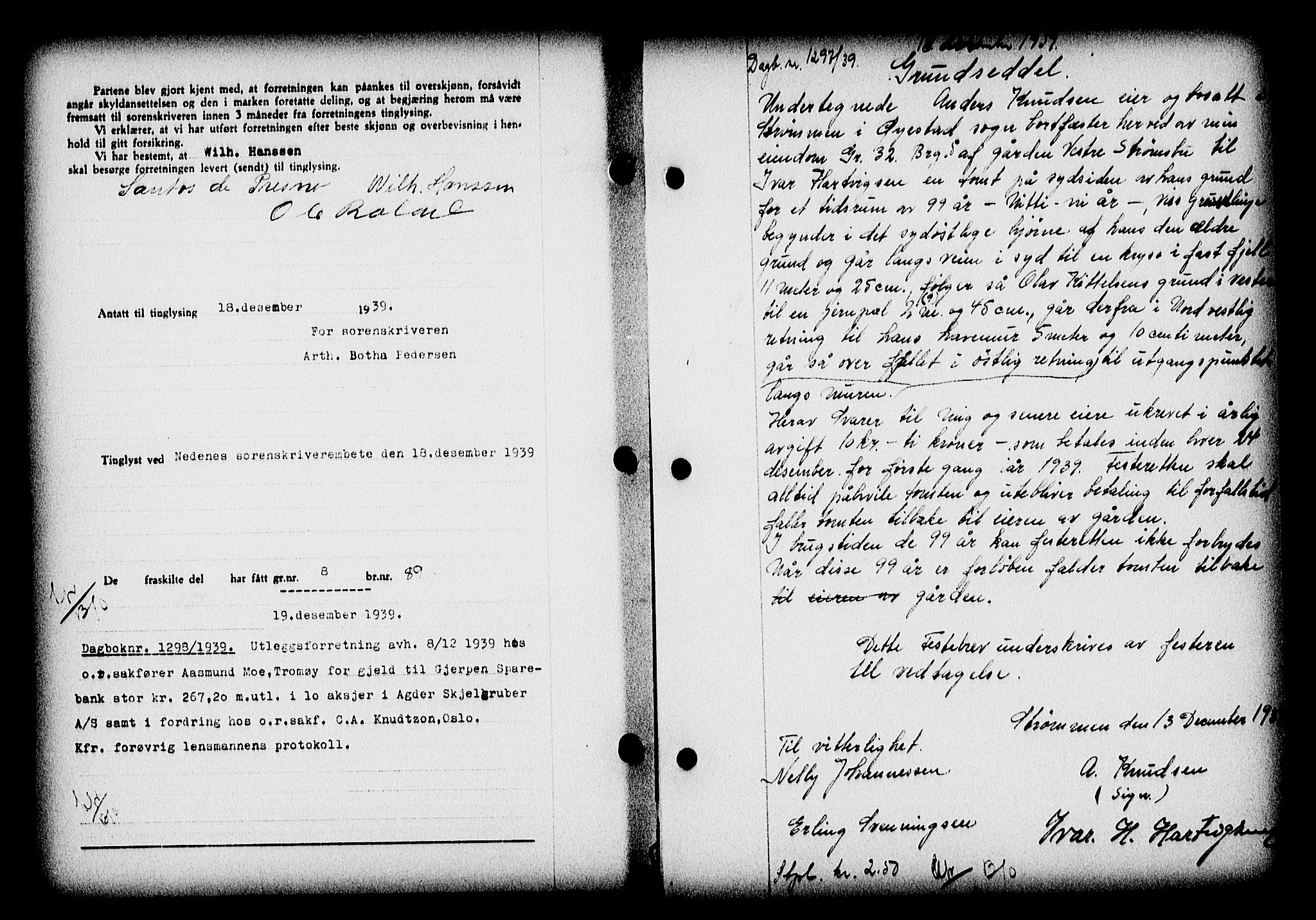 Nedenes sorenskriveri, SAK/1221-0006/G/Gb/Gba/L0047: Mortgage book no. A-I, 1939-1940, Diary no: : 1297/1939