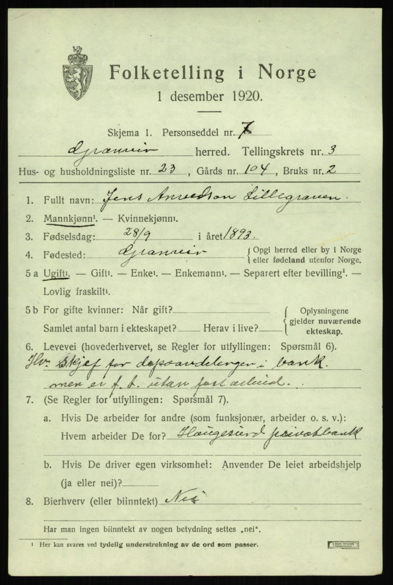 SAB, 1920 census for Granvin, 1920, p. 1396