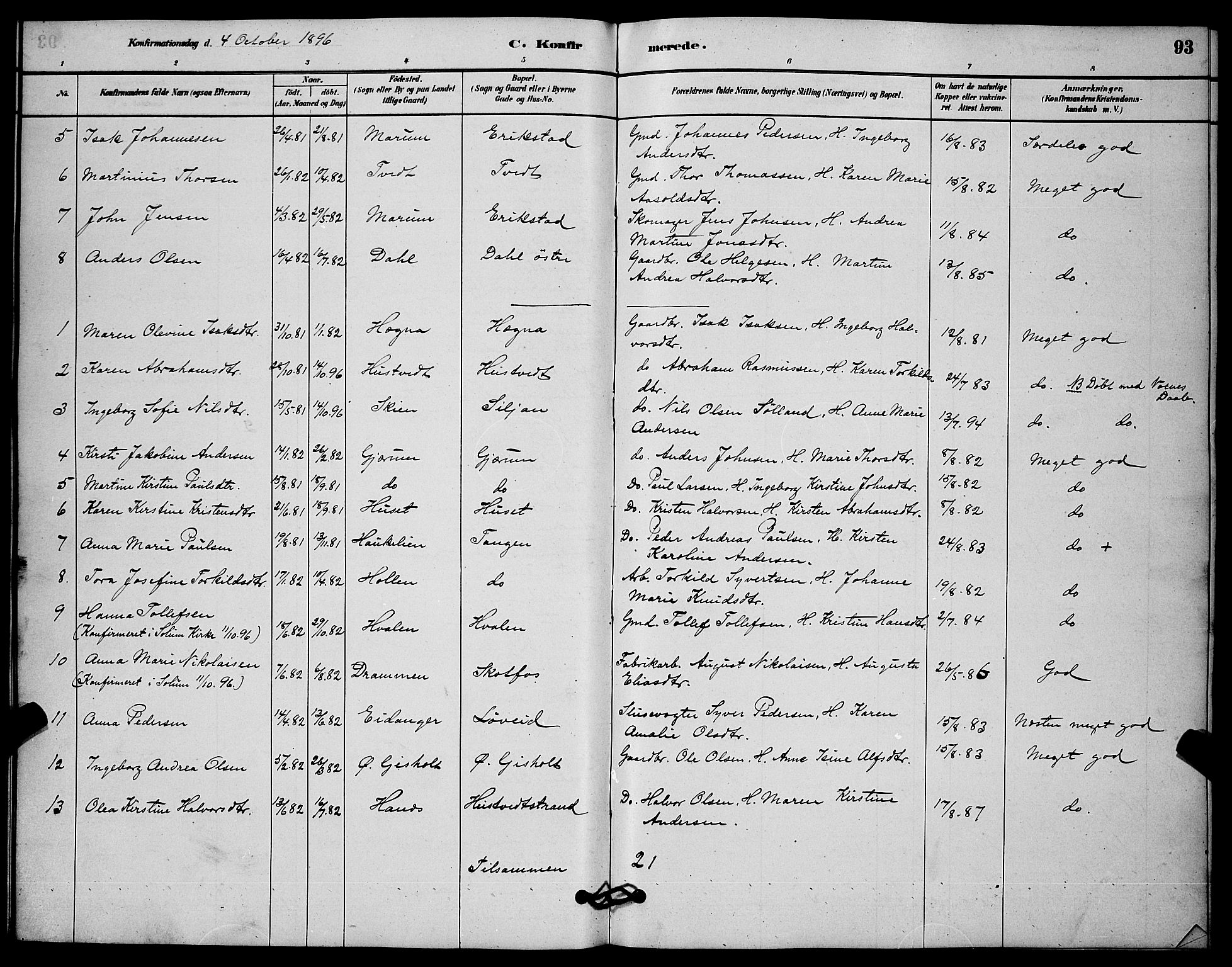 Solum kirkebøker, AV/SAKO-A-306/G/Gb/L0003: Parish register (copy) no. II 3, 1880-1898, p. 93