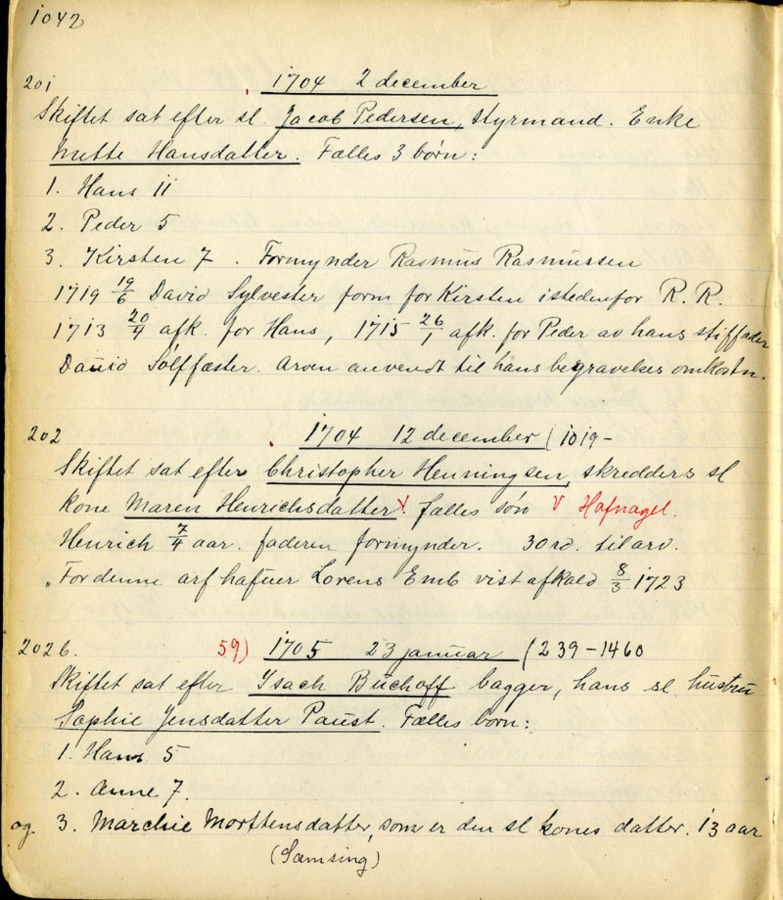 Sollied, Olaf og Thora - samlinger, AV/SAB-SAB/DA-0401/01/L0010/0004: Skifte: Utdrag av skifteprotokoller / 95 Skifteprotokoller: utdrag, 1704-1720, p. 1042