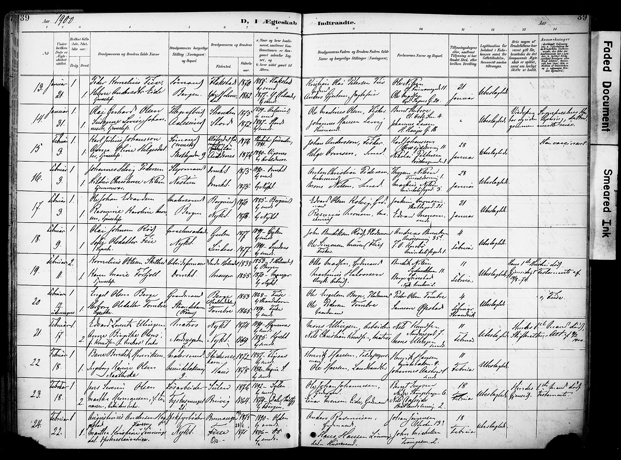 Nykirken Sokneprestembete, AV/SAB-A-77101/H/Haa/L0034: Parish register (official) no. D 4, 1896-1905, p. 39