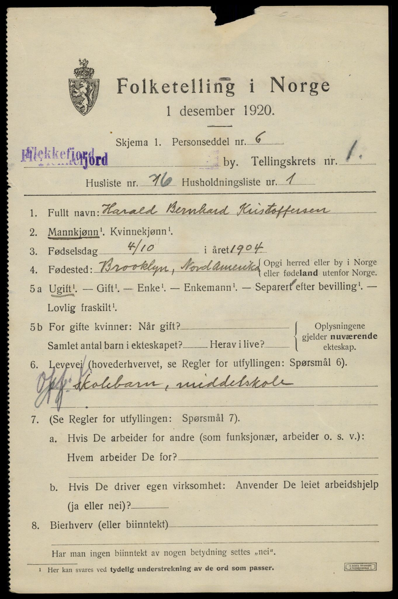 SAK, 1920 census for Flekkefjord, 1920, p. 2486