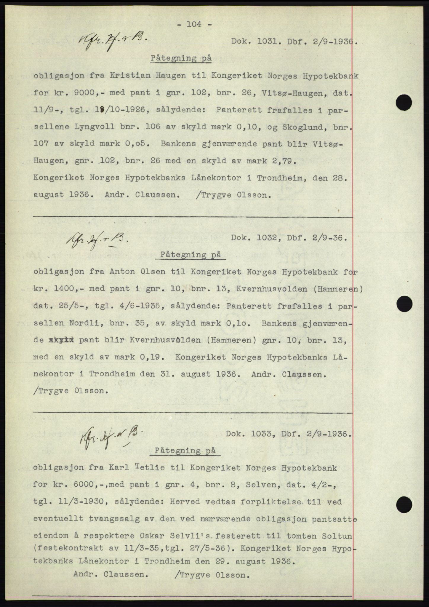 Hitra sorenskriveri, AV/SAT-A-0018/2/2C/2Ca: Mortgage book no. C1, 1936-1945, Diary no: : 1031/1936