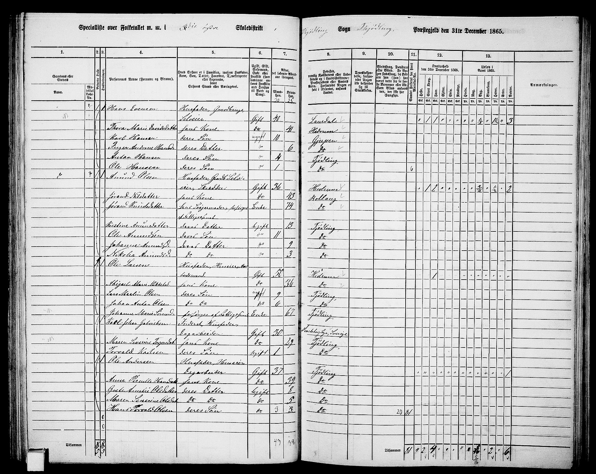 RA, 1865 census for Tjølling, 1865, p. 104