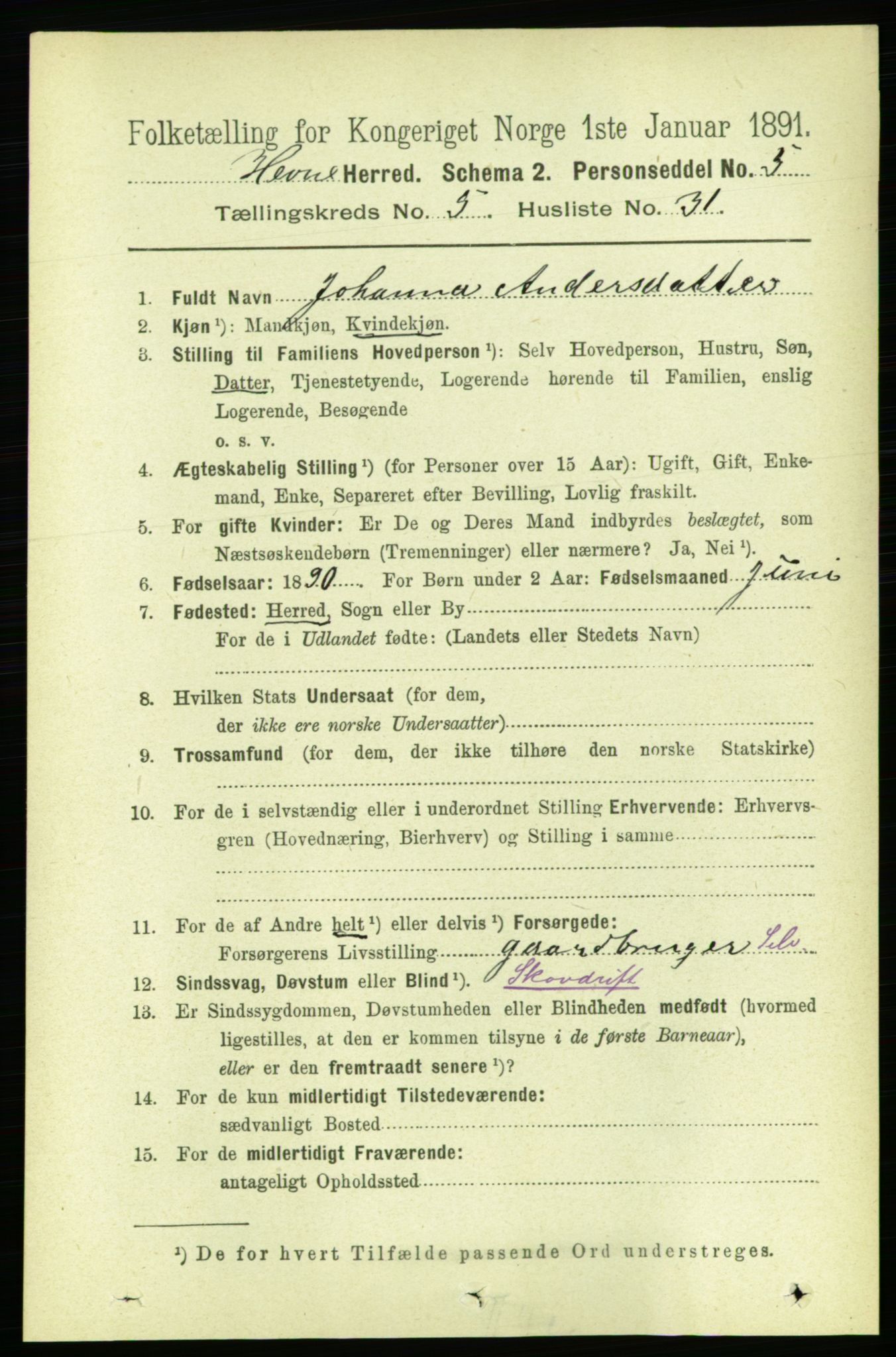 RA, 1891 census for 1612 Hemne, 1891, p. 2664